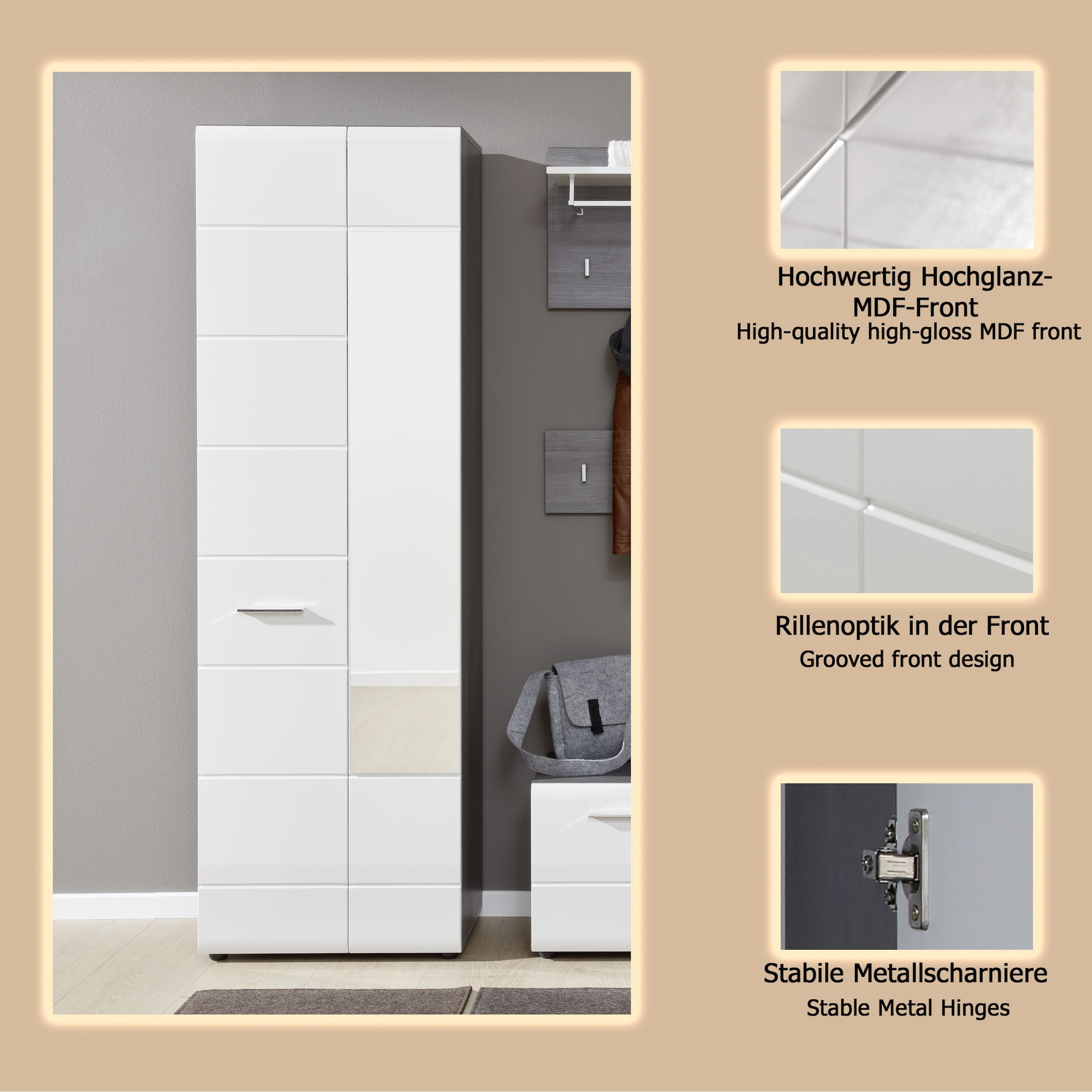 INOSIGN Armoire vestiaire »Sovana« Garderobenschrank mit 2 Türen & Spiegel - (B/T/H) 60/36/191 cm