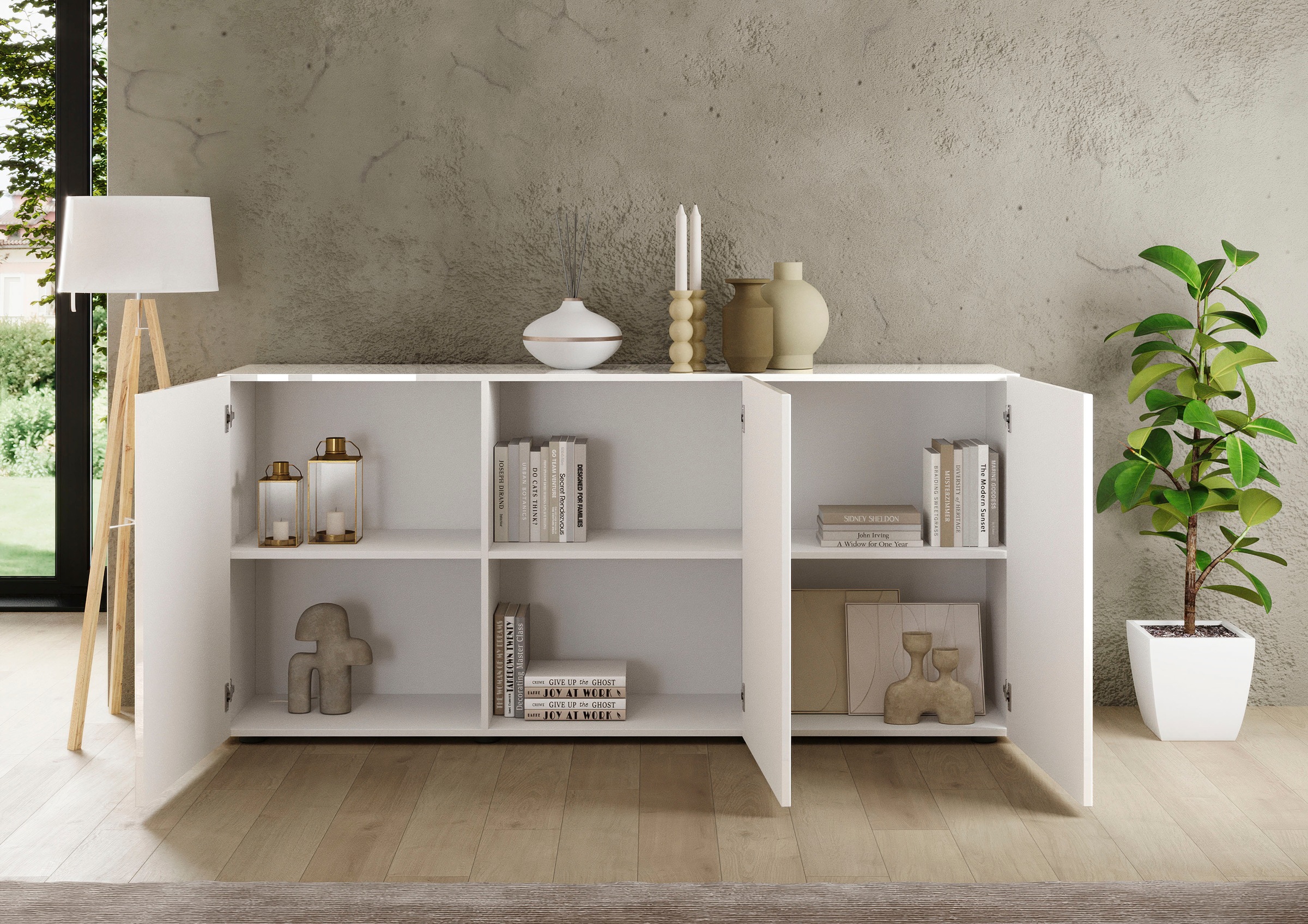 INOSIGN Sideboard »Rio Breite 181 cm, Kommode mit 3 Türen, Anrichte,« geriffelte MDF-Fronten, modern u. elegant, viel Stauraum