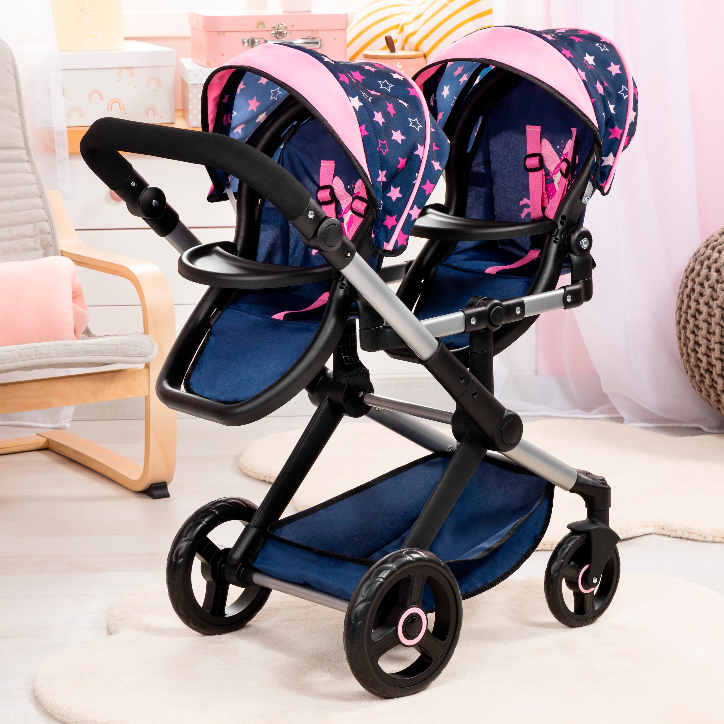 Bayer Puppen-Zwillingsbuggy »Xeo Twin blau/pink« mit Wickeltasche
