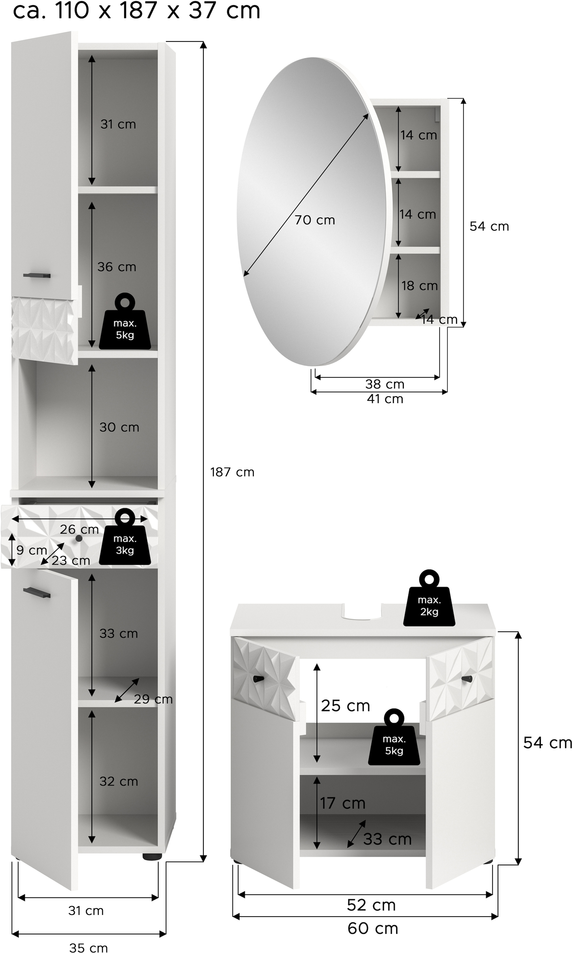 INOSIGN Badezimmer-Set »VICENZA, TOPSELLER!, Breite 110cm, 3-teilig, mit Ornamentabsetzung« best. aus: Hochschrank, Waschbeckenunterschrank und Spiegelschrank, 