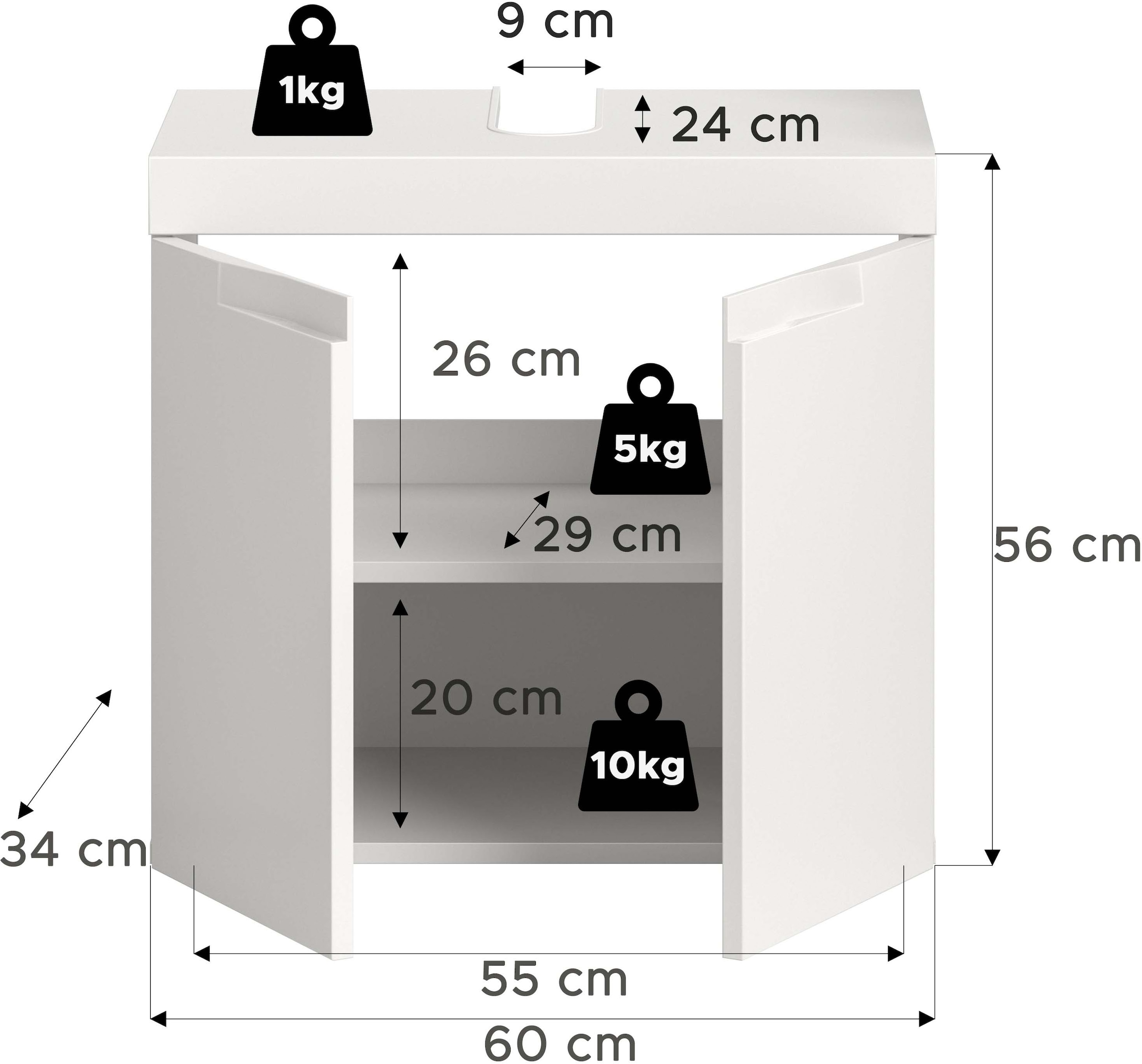 GOODproduct Waschbeckenunterschrank »MAOI, Breite 60cm, 2 Türen, 2 Fächer, 1 Einlegeboden« Badezimmerschrank, Unterschrank, Kommode, WBU, Bad, Badezimmer