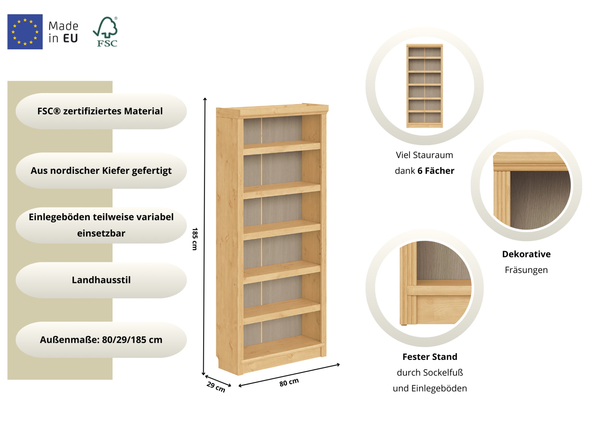 GOODproduct Bücherregal »Soeren Regal B/T/H: 80/29/185 cm, 6 Fächer« aus massiver Kiefer, FSC®-zertifiziert