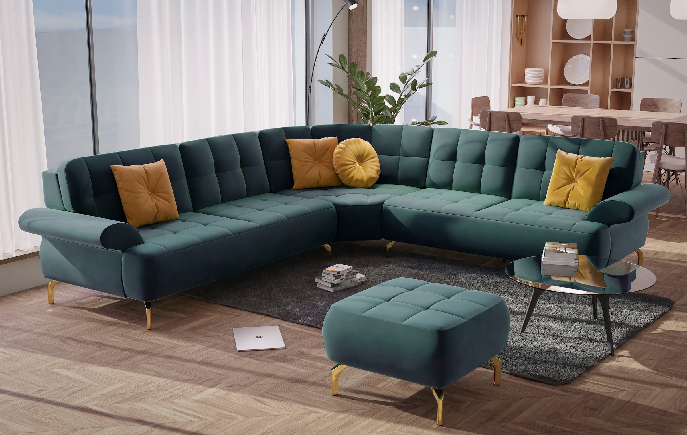 sit&more Ecksofa »Orient 1 L-Form« inkl. 4 Zierkissen mit Strass-Stein, goldfarbene Metallfüsse