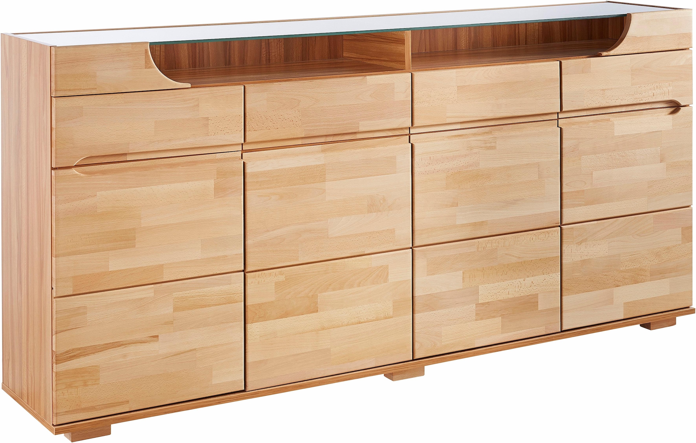 GOODproduct Sideboard »Vetro,200cm breit,40 cm tief,4 Schubladen Oberplatte aus Glas« Kernbuche massiv, Holzwerkstoff, 4Türen,4 Schubladen, Griffmulden