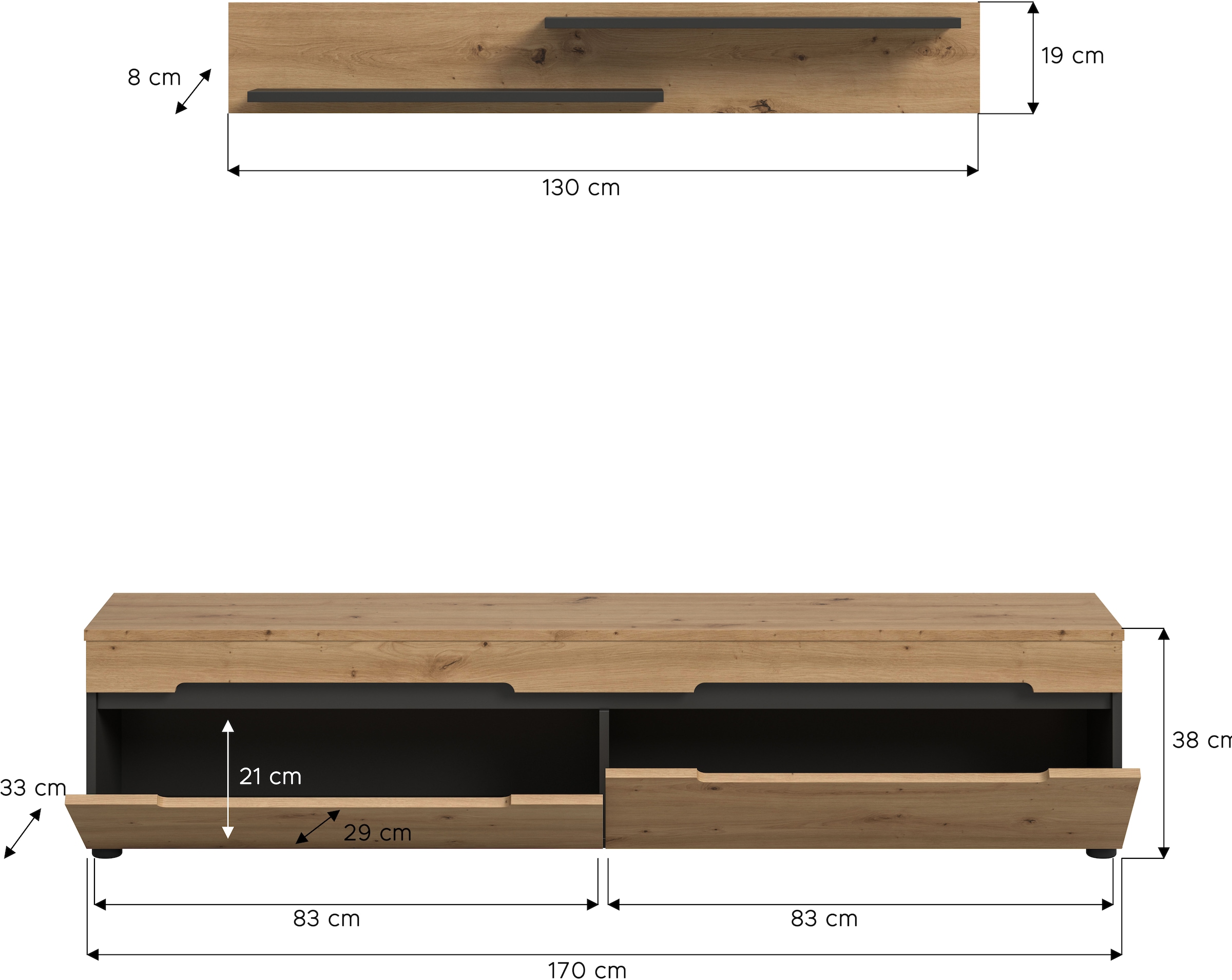 INOSIGN Meuble mural »REHAT, TOPSELLER!, 2-teilig, wahlweise stehend und hängend montierbar« Set bestehend aus: Wandboard (13x19x8 cm) und Lowboard (170x38x33 cm), 2 cuis tlg.