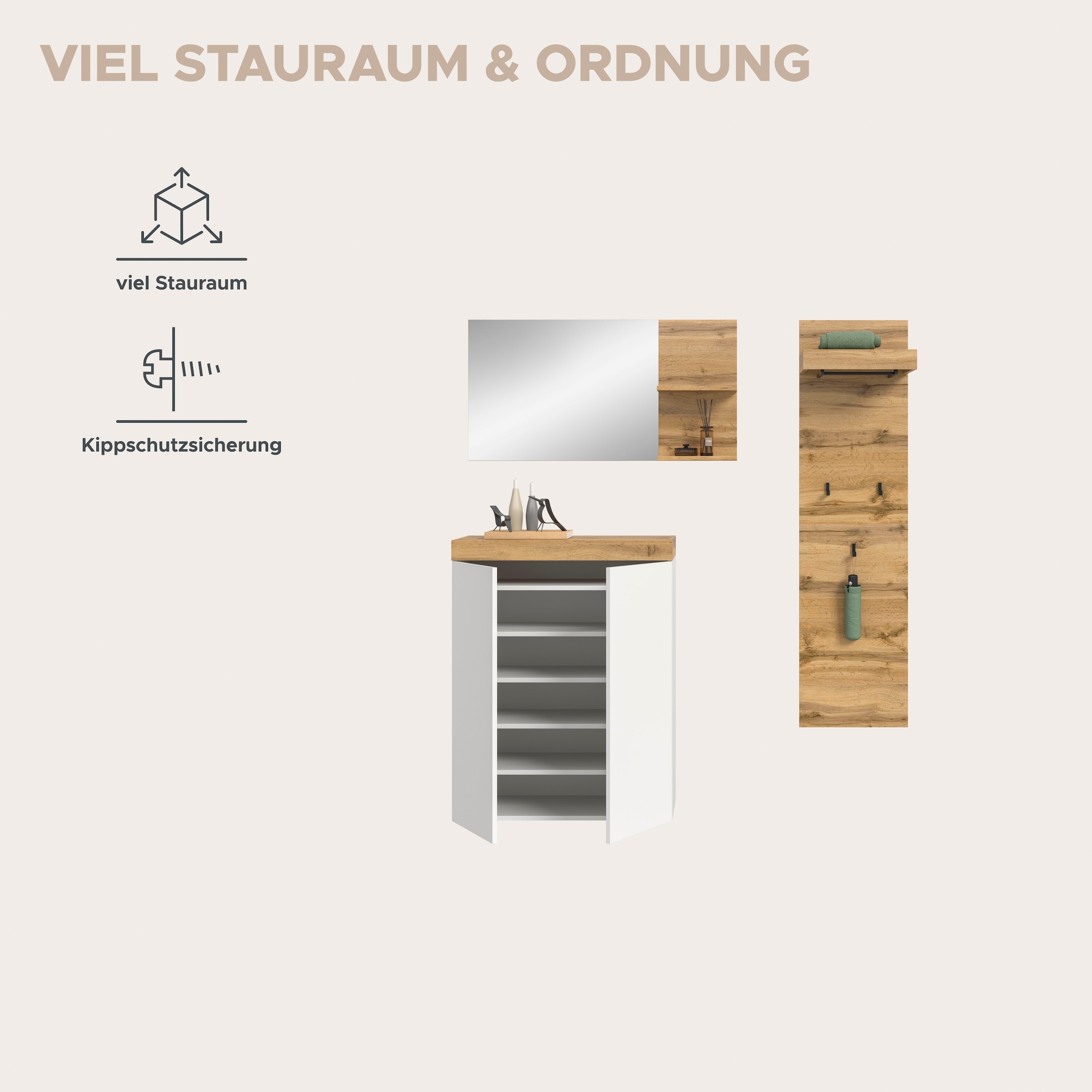 GOODproduct Ensemble de vestiaires »MAMBO, TOPSELLER!, 3-teilige Kombination, stehend & hängend montierbar« bestehend aus: Kommode, Spiegel, Garderobenpaneel, 3 cuis tlg.