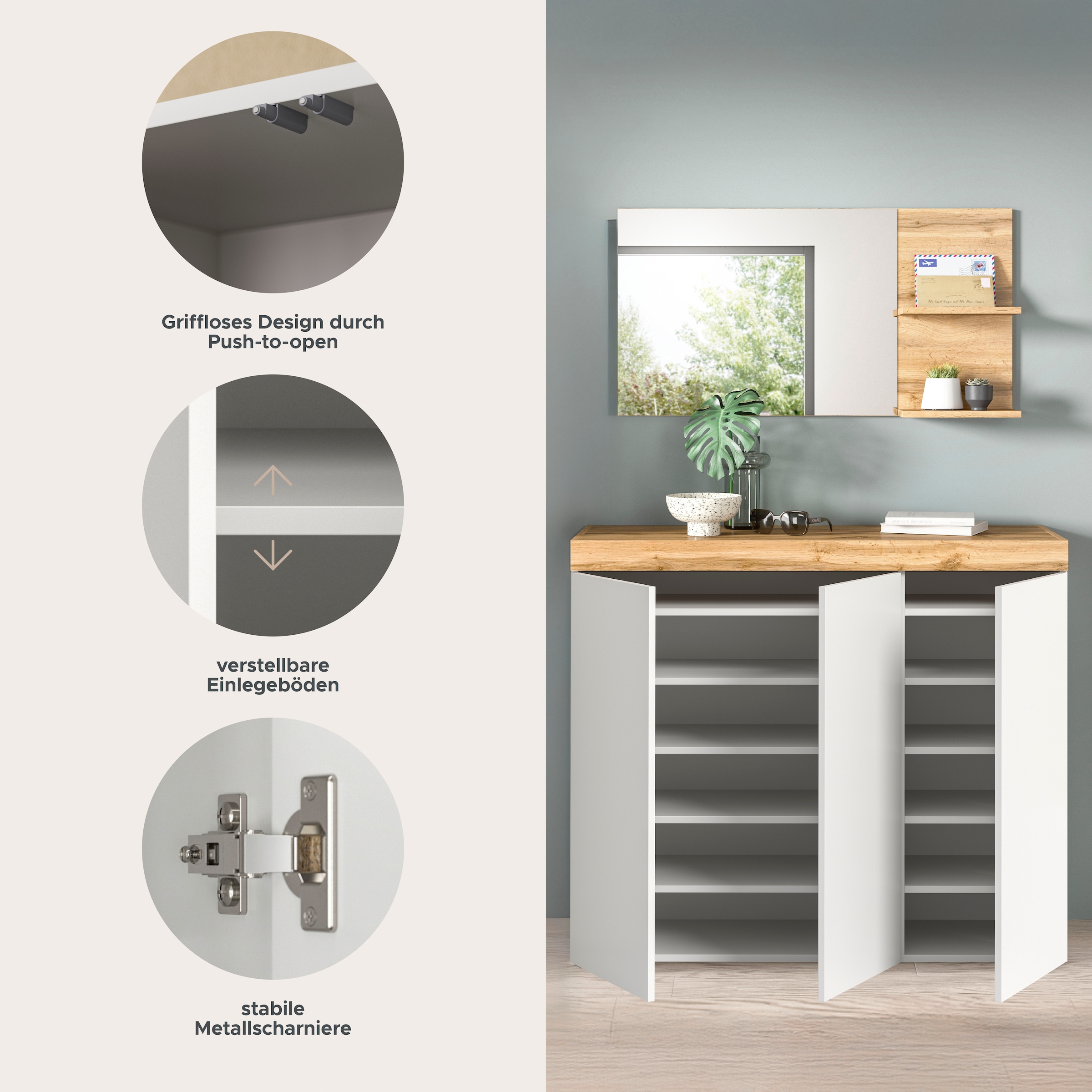 GOODproduct Garderoben-Set »MAMBO, 2-teilige Kombination, stehend & hängend montierbar« bestehend aus: Kommode, Spiegel, 2 Stk. tlg.