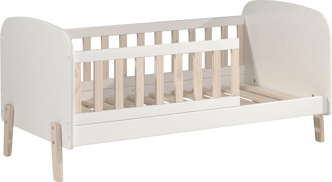 Vipack Kinderbett »Kiddy, inkl. Rolllattenrost, niedrige Einstiegshöhe, stabil gebaut« B/H/T ca. 147x68x77cm, MDF weiss lackiert, Füsse und Sprossen Kiefer,  wahlweise mit oder ohne Bettschublade als Stauraum