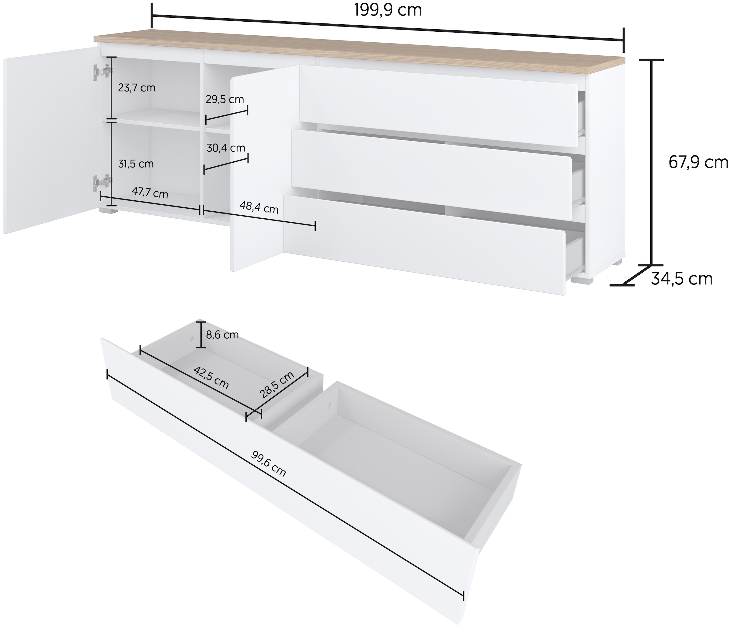 GOODproduct Sideboard »Modo, Breite 200 cm, moderne grifflose Kommode 2Türen/3 SK« Schubladenkommode mit viel Stauraum, Einlegeböden verstellbar