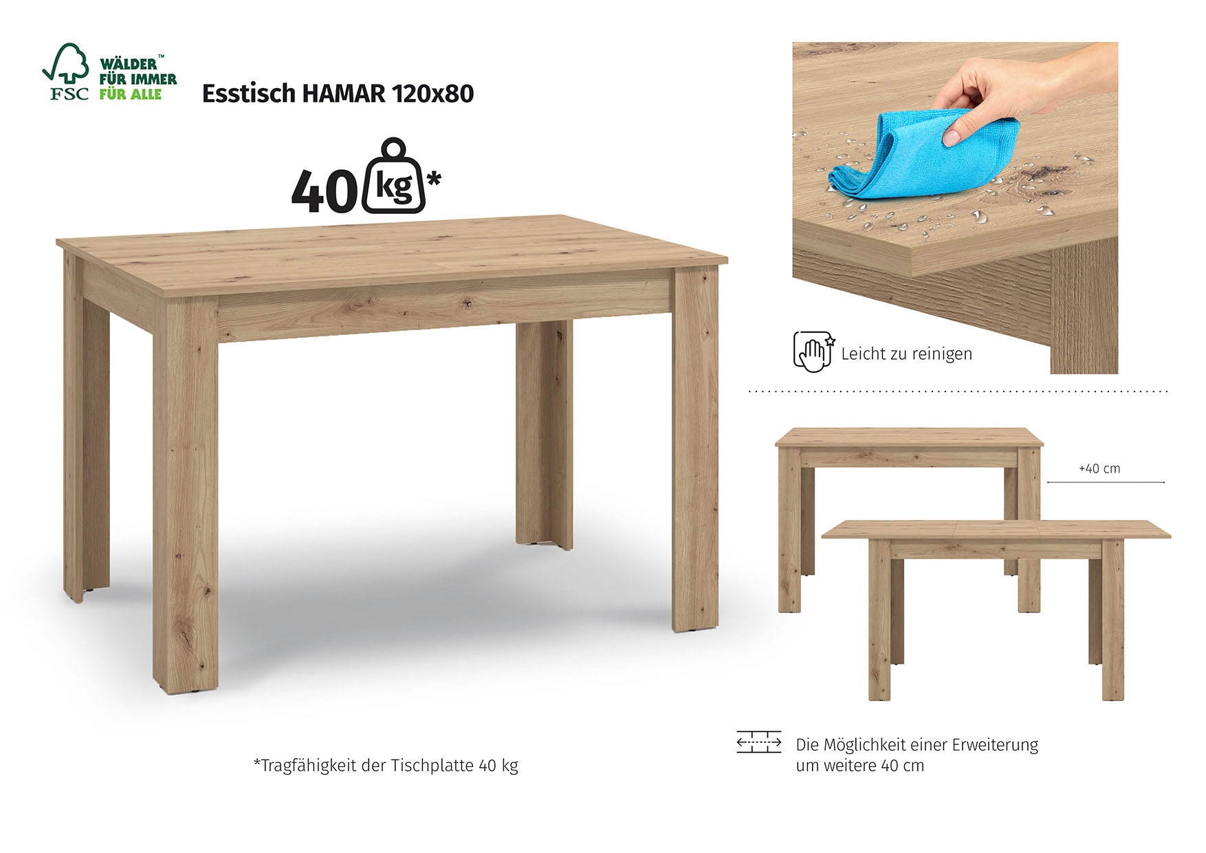 GOODproduct Table de salle à manger »Hamar Esszimmertisch 120x80, Weiss oder Eiche Holz Küchentisch« extensible par plaque d'insertion, largeur max. 160 cm