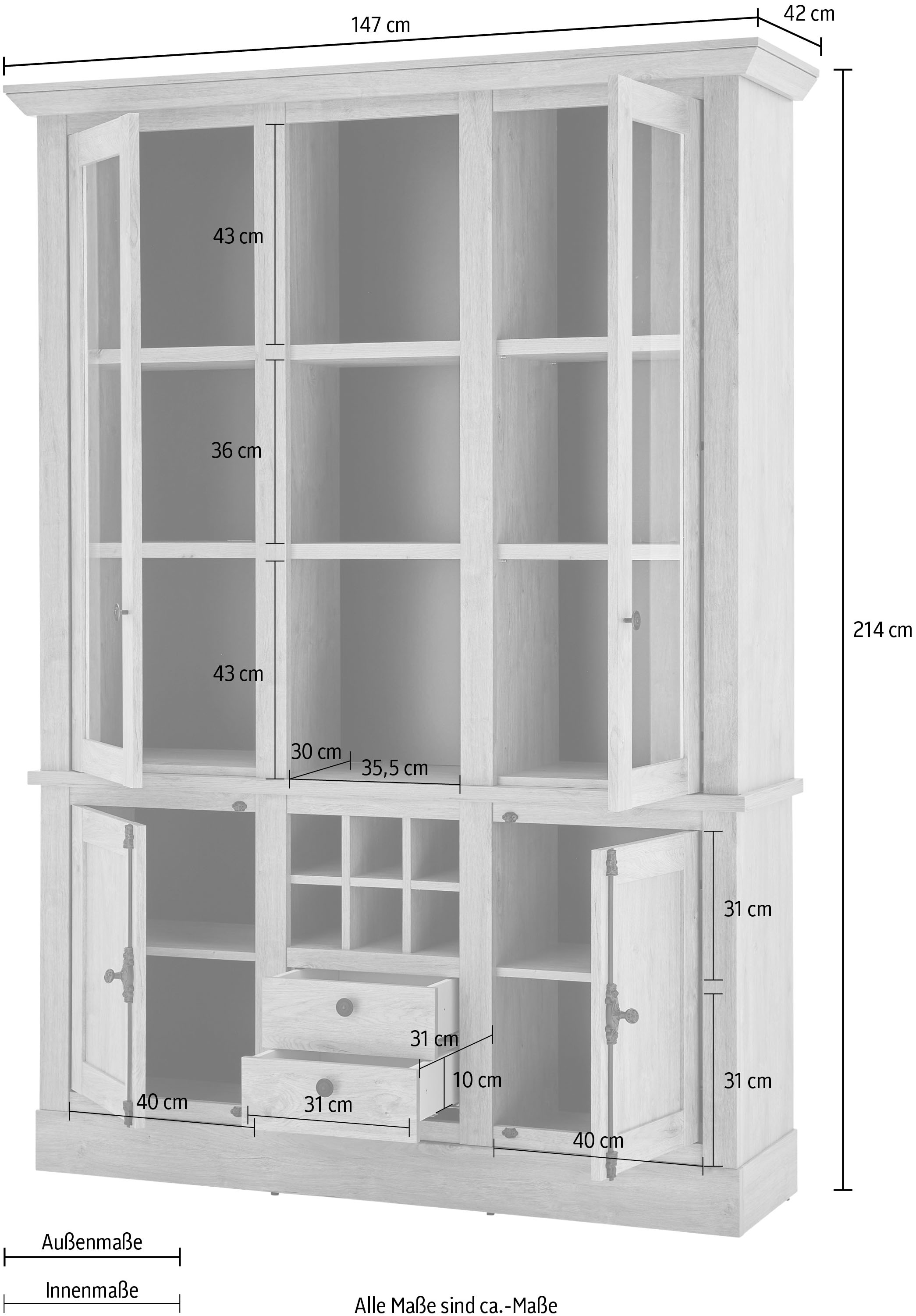 Home affaire Vitrine »Cornwall, Hochschrank im Landhausstil, Glasvitrine, Eiche Dekor« 1 Stk. tlg. Metallgriffe, 147 cm breit, viel Stauraum, in zwei Grössen verfügbar