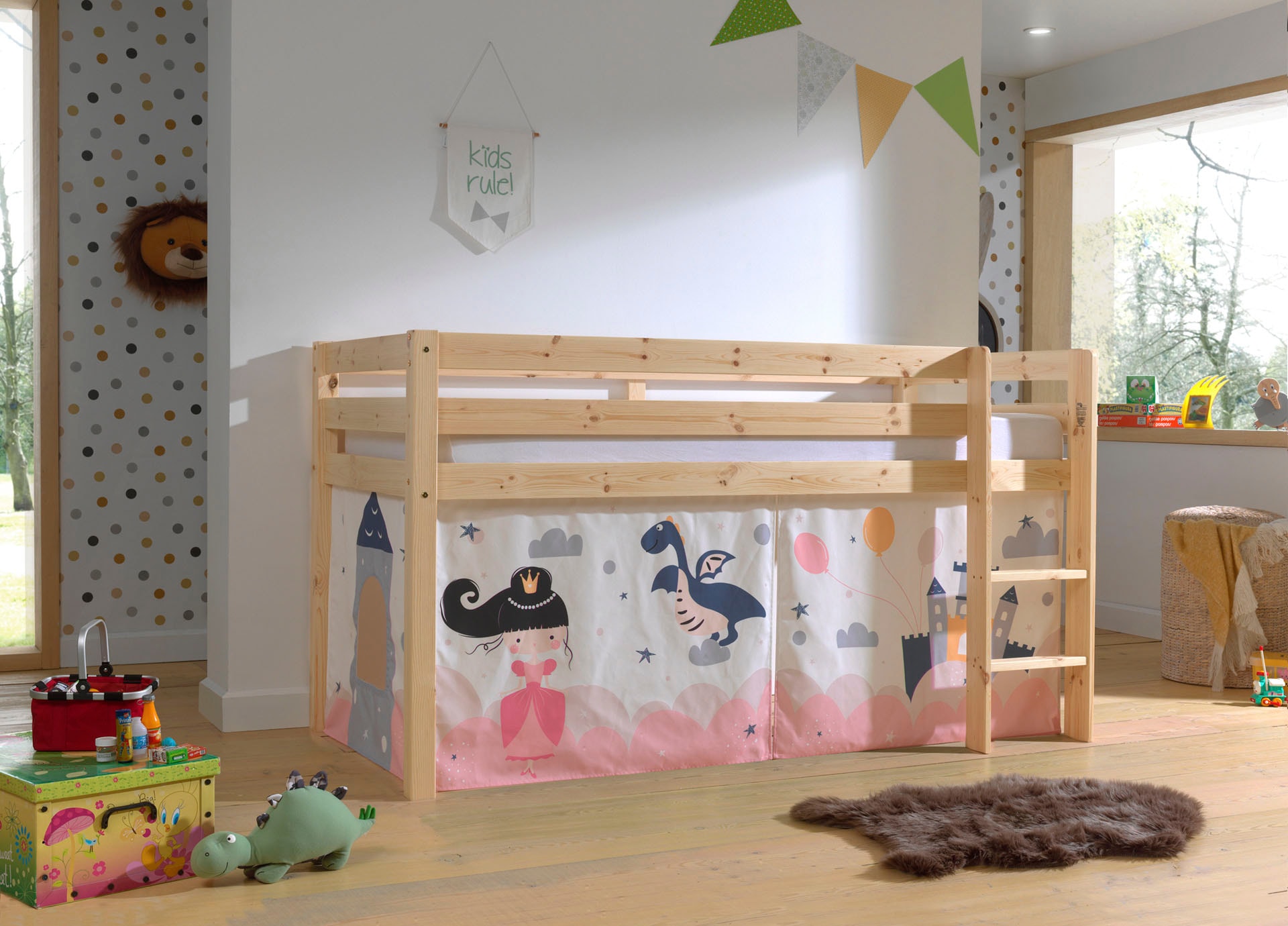 Vipack Spielbett »Pino, Kiefer massiv, mit Rolllattenrost u. Textil-Set, Made in Europe« B/H/T ca. 210x114x106cm, mit Leiter und Absturzschutz,  verschiedene Textil Dessins, 3 Gestellfarben zur Wahl