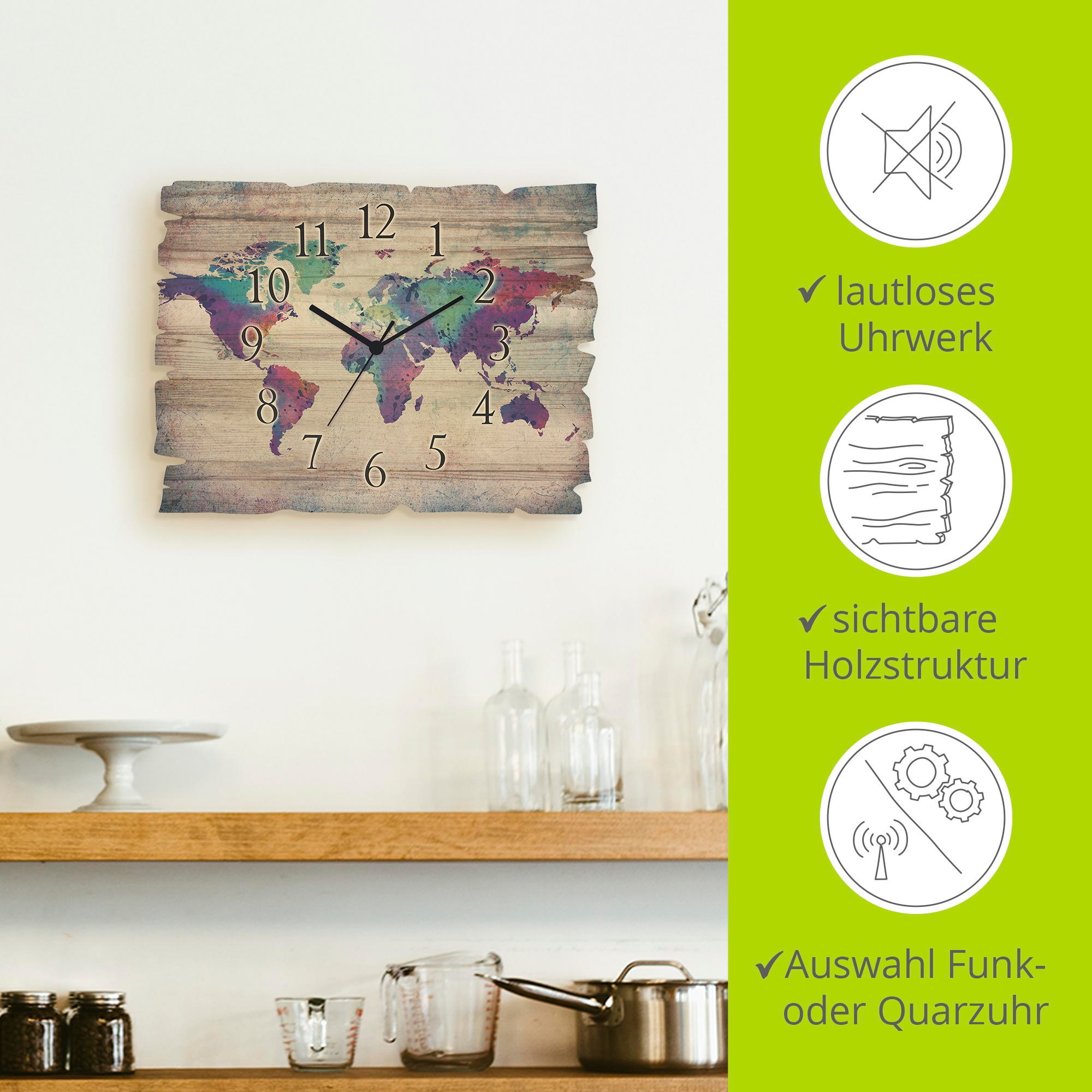 Artland Wanduhr »Holzuhr bunte Weltkarte« wahlweise mit  Quarz- oder Funkuhrwerk, lautlos ohne Tickgeräusche