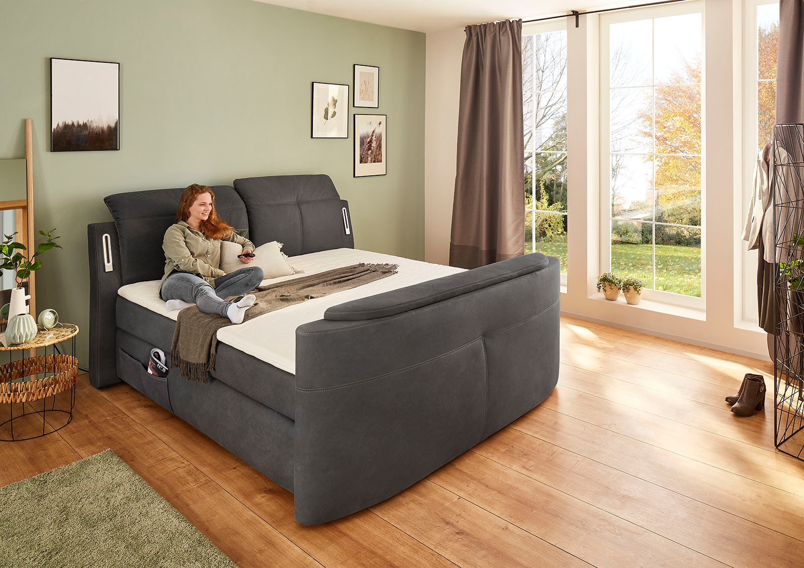 Jockenhöfer Gruppe Lit boxspring »MOVIESTAR, mit Taschenfederkernmatratze H3-H4, inkl. LED-Beleuchtung« revêtement en tissu structuré ou en microfibre au choix, 180x200cm