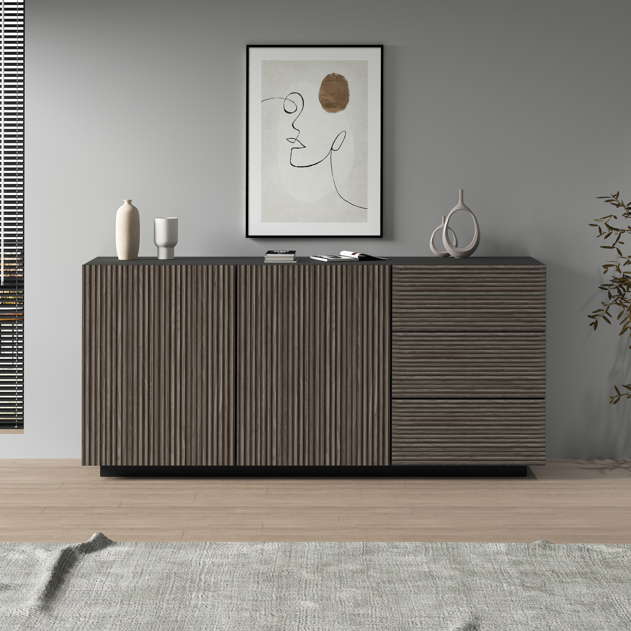 Home affaire Sideboard »Vega Sideboard,Kommode,180 cm« mit 2 Türen und 3 Schubladen,Fronten mit Rillen-Optik