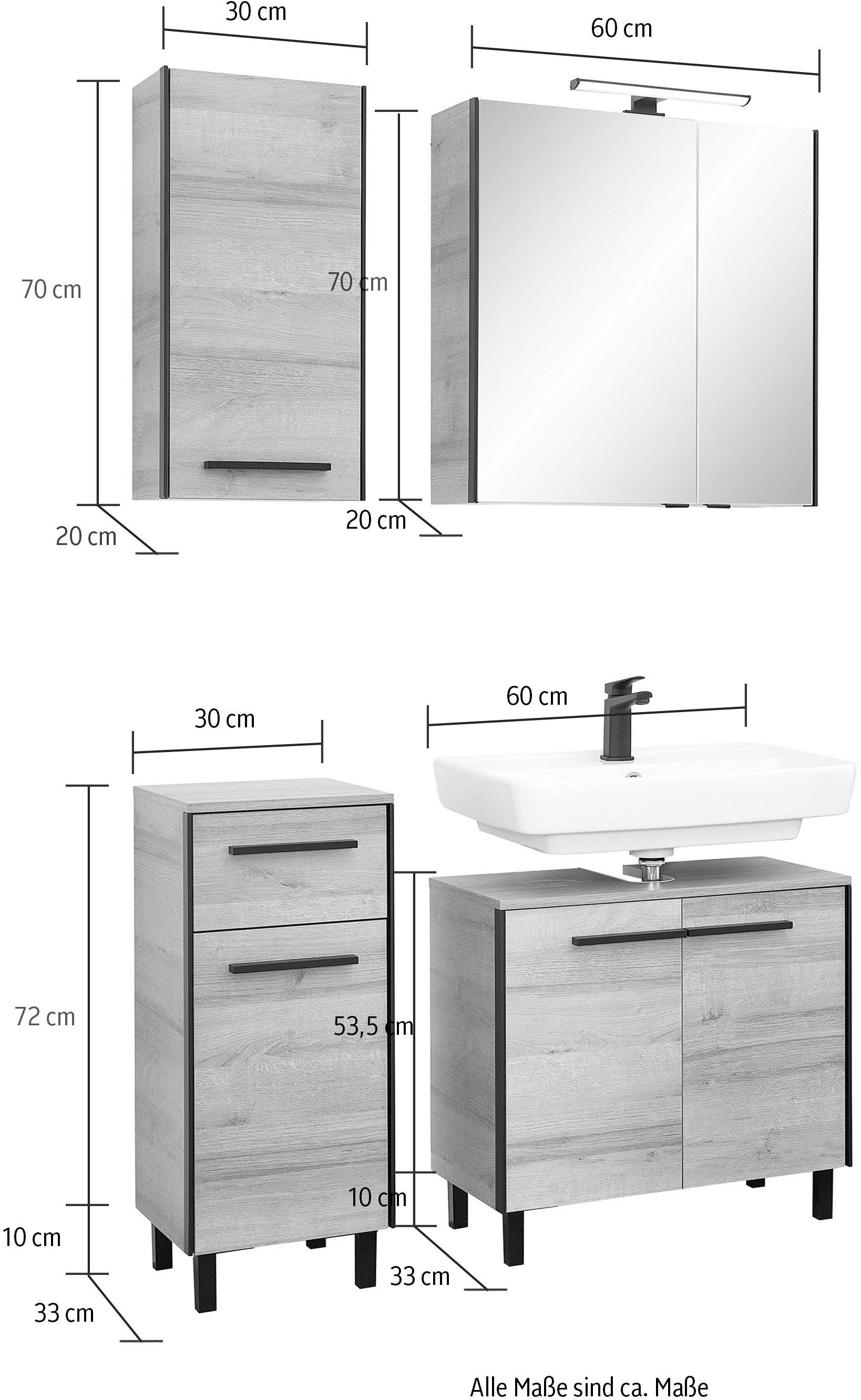 Saphir Ensemble de meubles de salle de bain »Quickset 395 4-teilig, Waschbeckenunterschrank mit LED-Spiegelschrank« 4 cuis tlg.