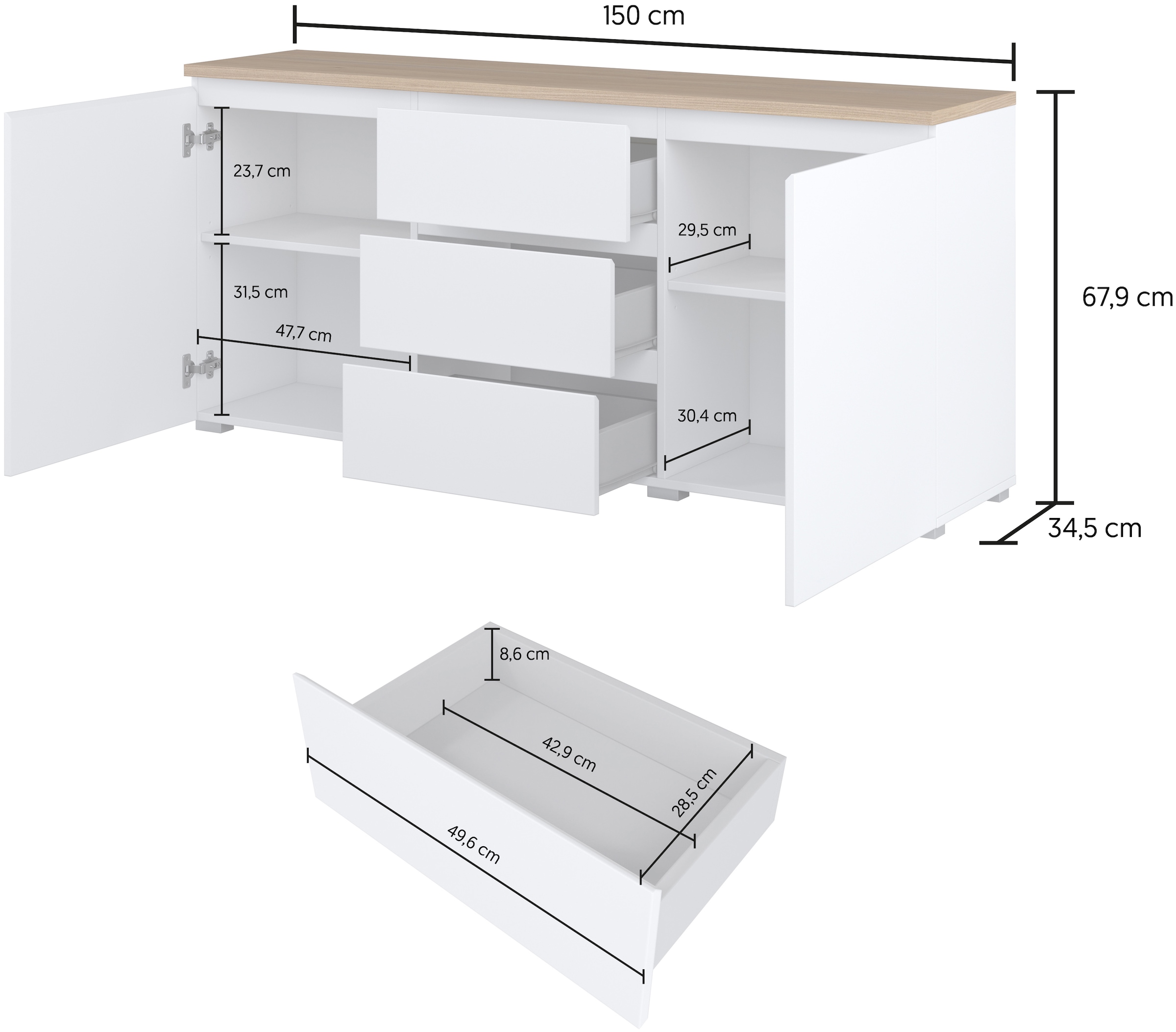 GOODproduct Sideboard »Modo, Breite 150 cm, moderne grifflose Kommode 2Türen/3 SK« Schubladenkommode mit viel Stauraum, Einlegeböden verstellbar