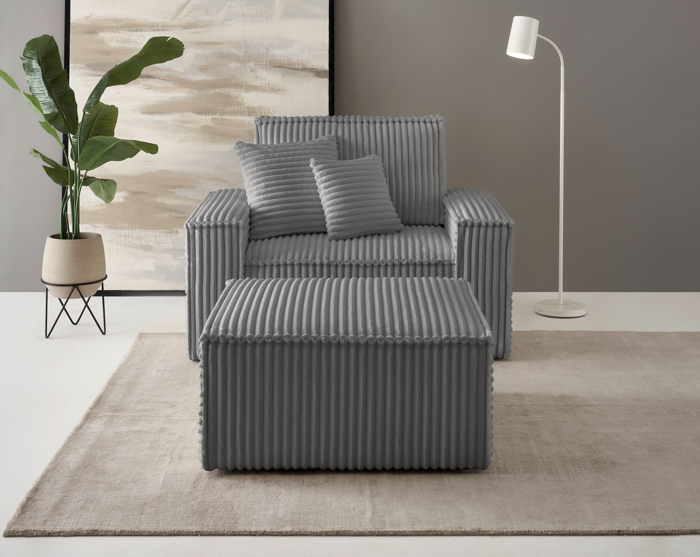 andas Loveseat »FINNLEY, Loveseat & Hocker im Set, trendige Stoffe, inkl. Zierkissen« 2 Stk. tlg. verfügbar in den Stoffqualitäten Bouclé, Struktur fein und Mega Cord