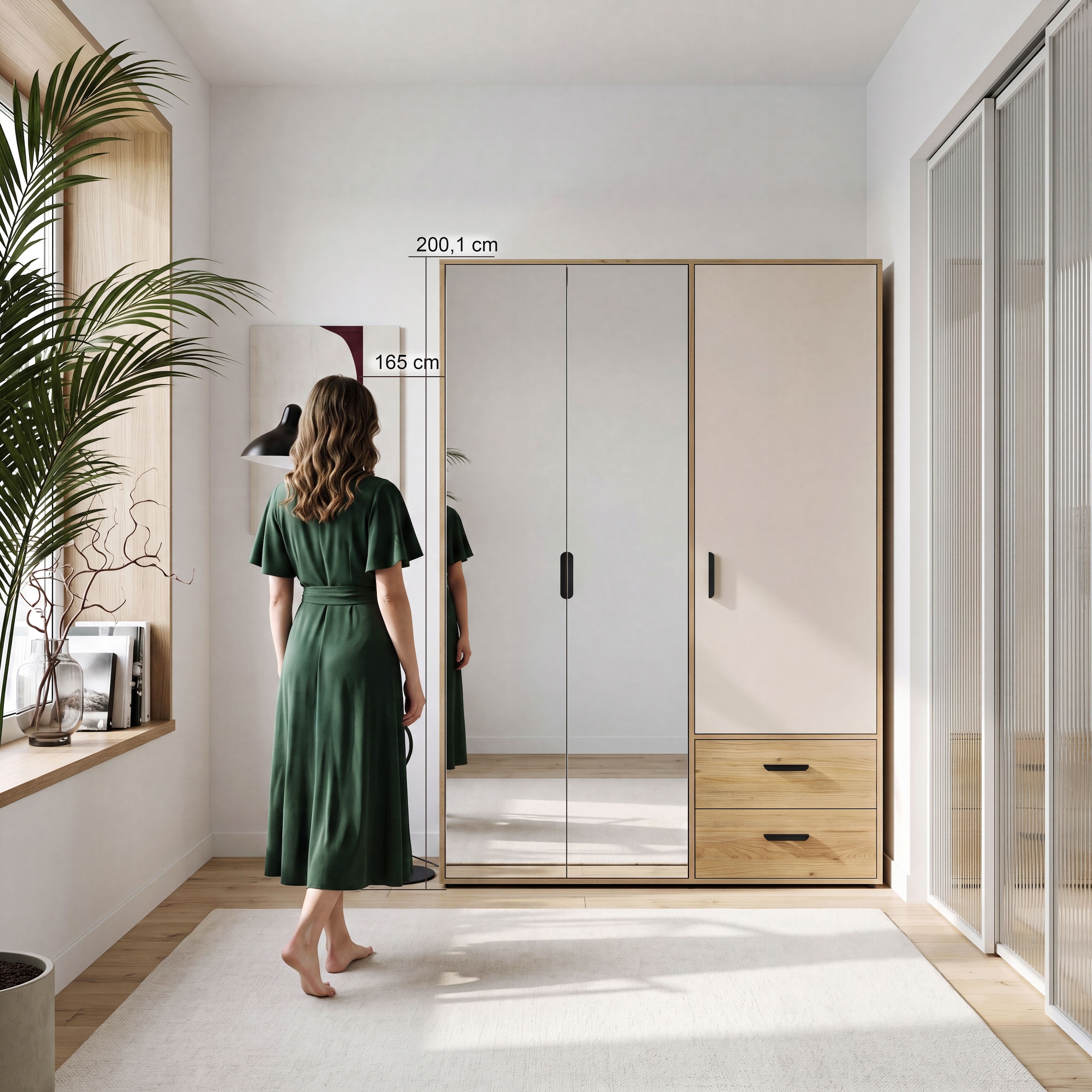 GOODproduct Kleiderschrank »AALOX, Spiegel, 3 Türen, 2 Schubladen, viel Stauraum, schwarze Griffe« Schrank ca. 140 bis 150 cm breit, schwarze Griffe, zeitloses Design