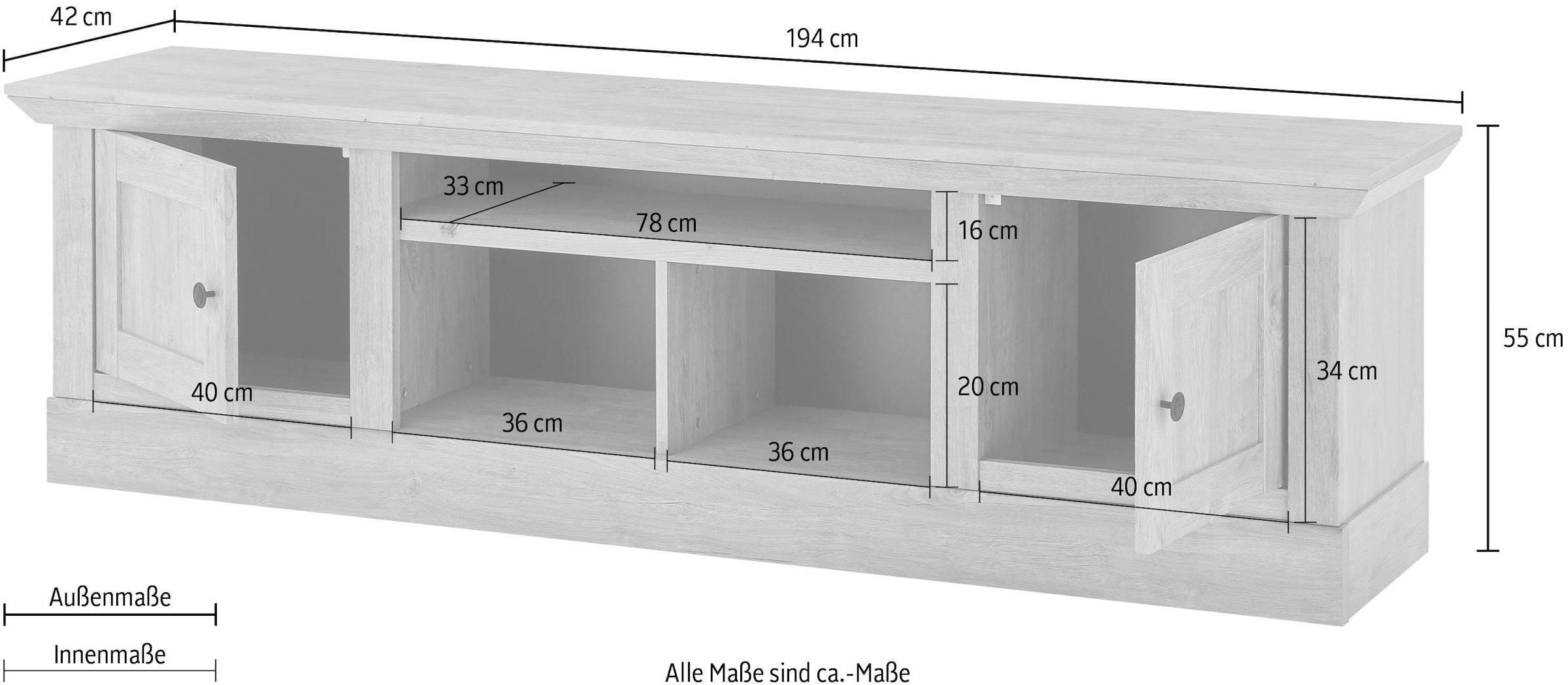 Home affaire Table basse »Cornwall, Unterschrank im Landhausstil, Kommode, Eiche Dekor« 1 cuis tlg. verschnörkelte Metallgriffe, offene Fächer und Türen, 194 cm breit