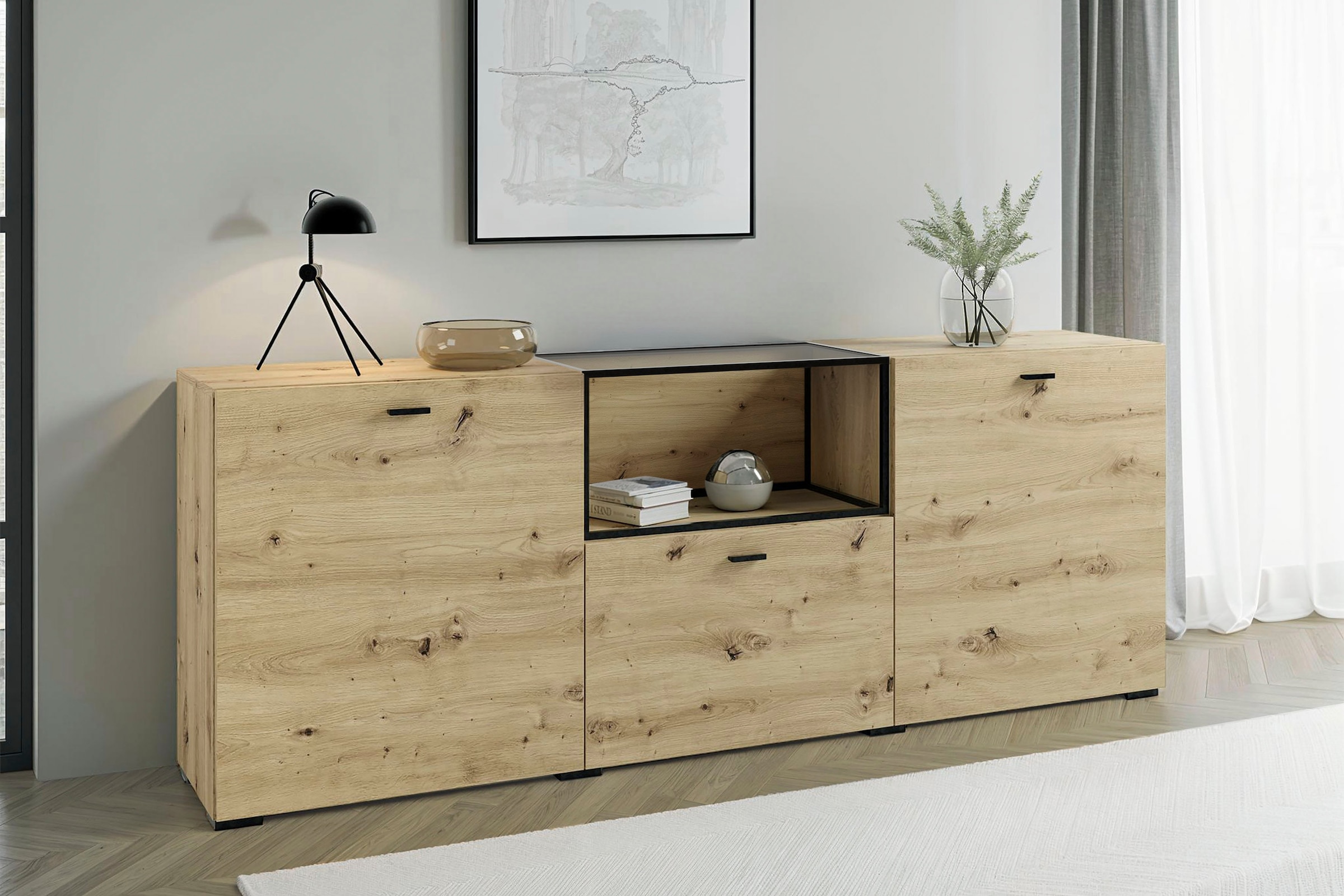byLIVING Sideboard »Frame« 1 Stk. tlg. moderne Kommode mit Metalleinsatz und Glasplatte, 200cm breit.