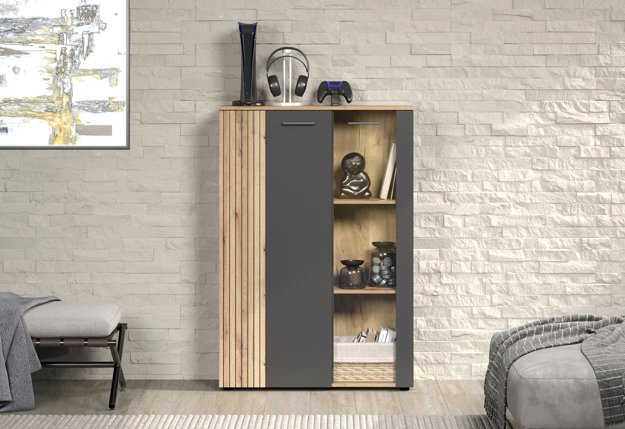 Home affaire Buffet haut »Estepona« 1 cuis tlg. vitrine, porte à effet rainuré, largeur 91 cm
