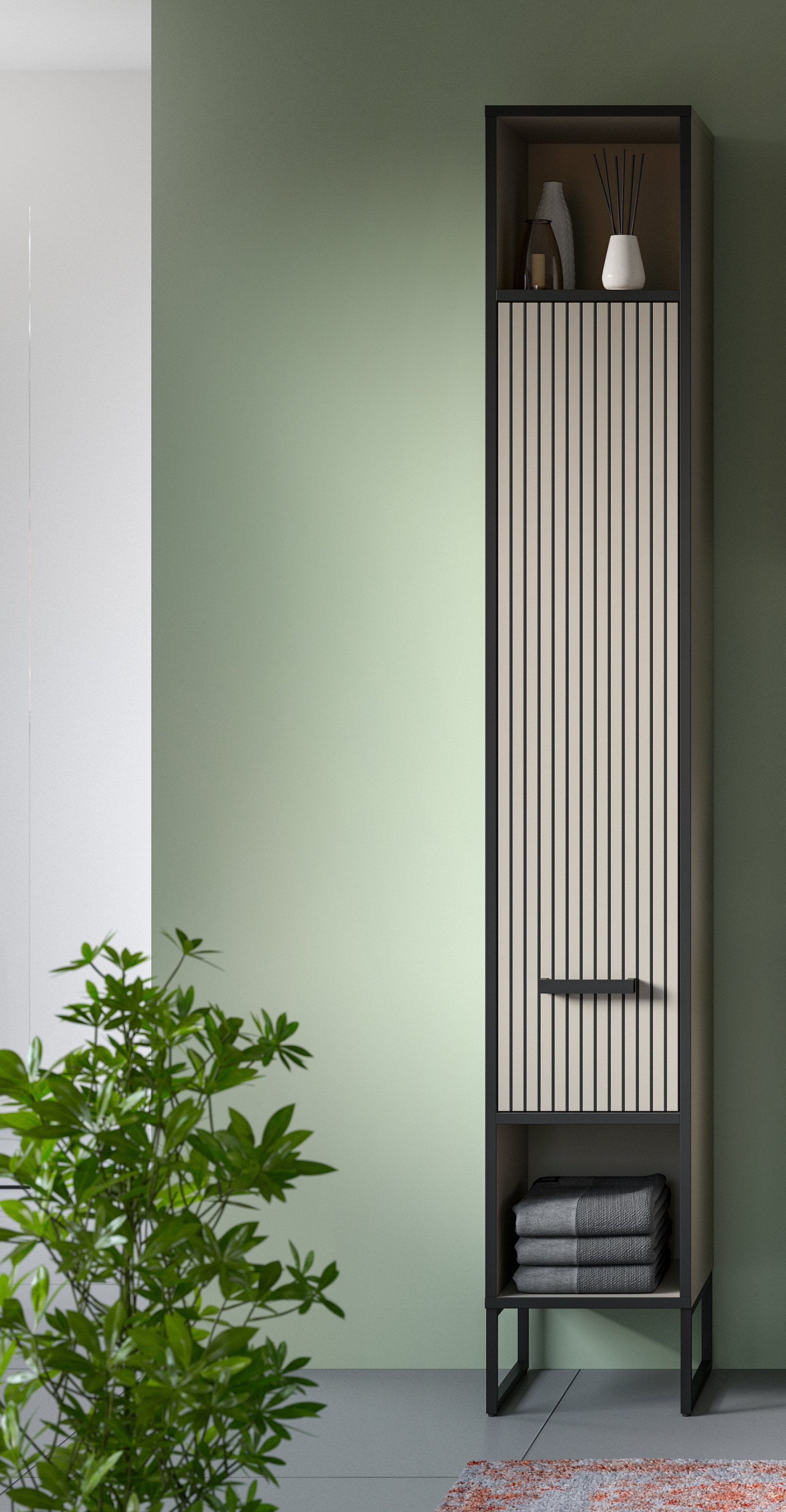 welltime Armoire haute »Locri, Höhe 192 cm, Rillenoptik, Metall Kufen« 1 cuis tlg. Türanschlag wechselbar, modernes Design, Badschrank, Bad