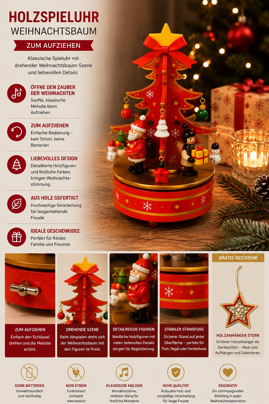 GOODproduct Spieluhr »Spieluhr« Weihnachtsbaum aus Holz , Aufziehschlüssel, festliche Melodie