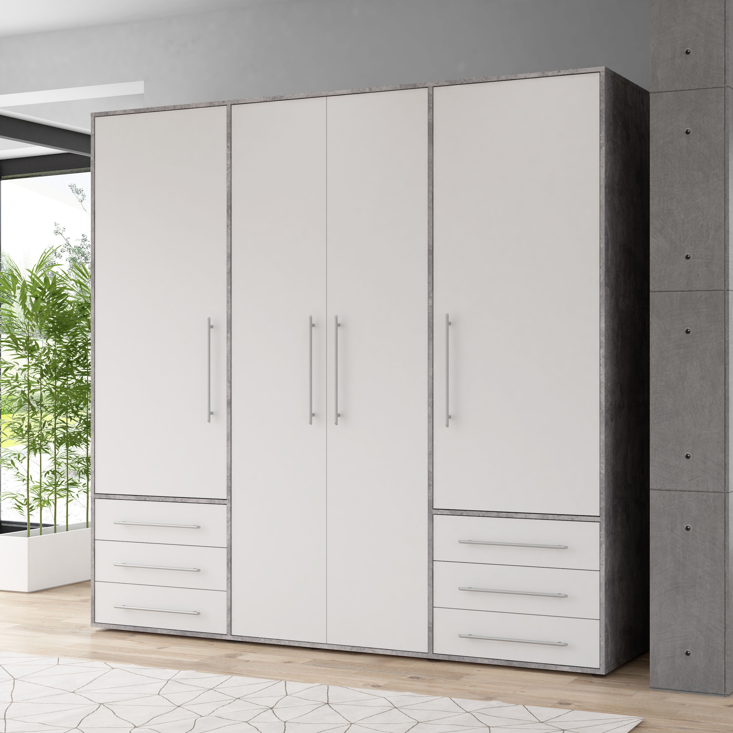 FORTE Armoire à portes battantes »Mokkaro, Kleiderschrank,zeitloses Design, 4 türig« beaucoup d'espace de rangement, tiroirs, poignées en barre, Made in Europe