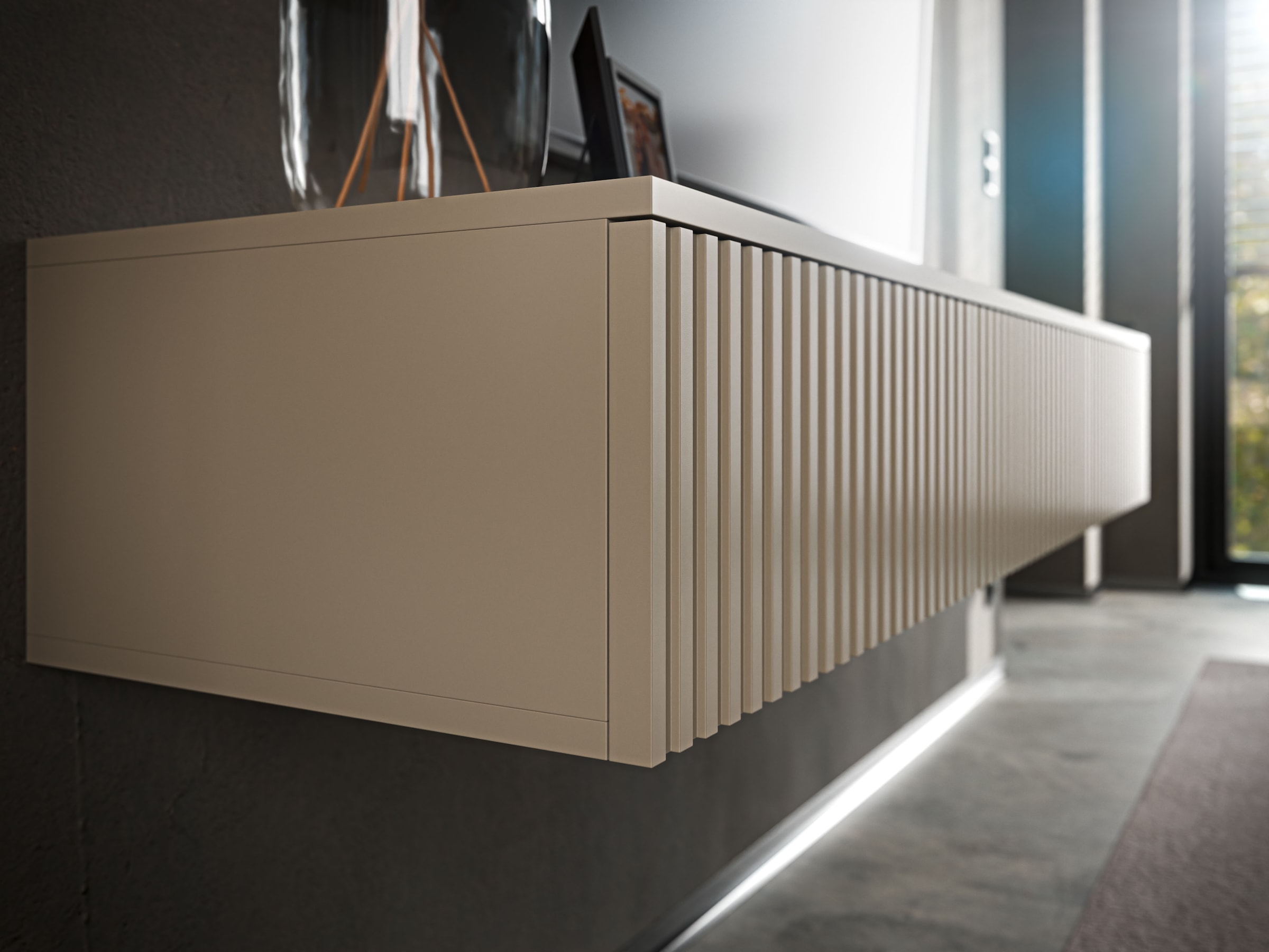 HBZ Table basse »Lowboard Lanai, hängend, mit moderner Rillenoptik« 1 cuis tlg. Largeur 180cm, revêtement mélaminé, ouverture par pression