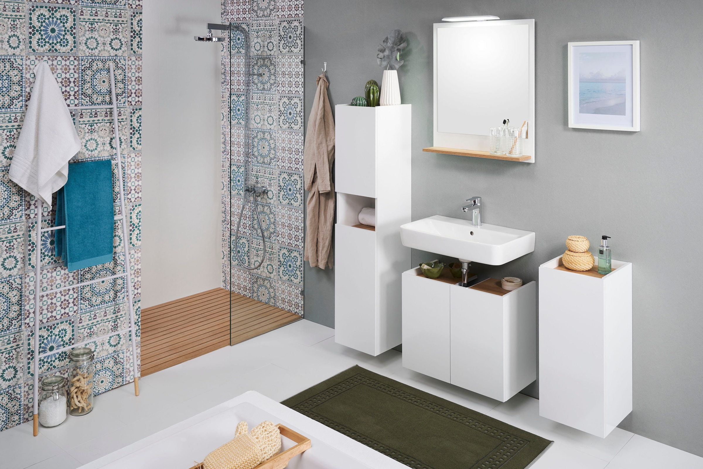 Saphir Armoire intermédiaire »Quickset 947 Badschrank 30 cm breit, 2 Türen, 1 Nische« Armoire de salle de bain midi avec amortisseur de porte, blanc brillant, sans poignée