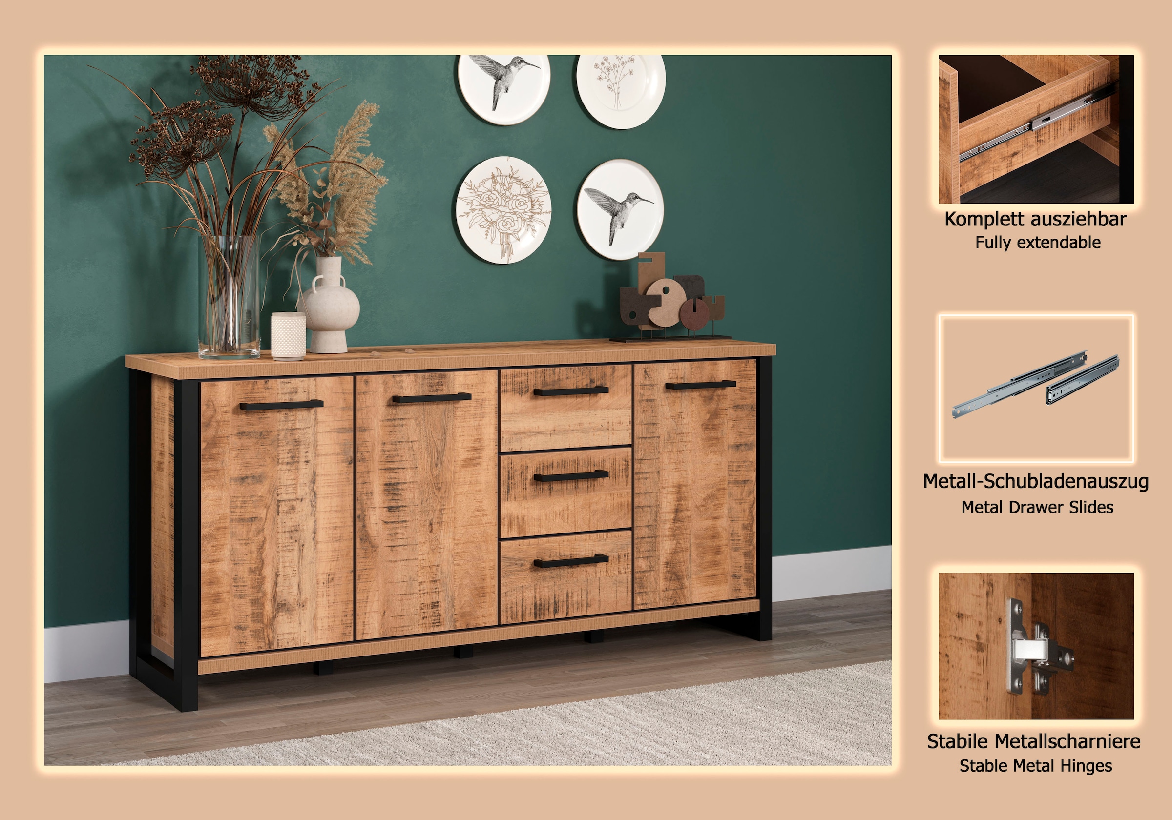Home affaire Sideboard »Elda« 1 cuis tlg. Sideboard mit 3 Türen & 3 Vollauszug Schubladen – (B/T/H) 180/45/86 cm