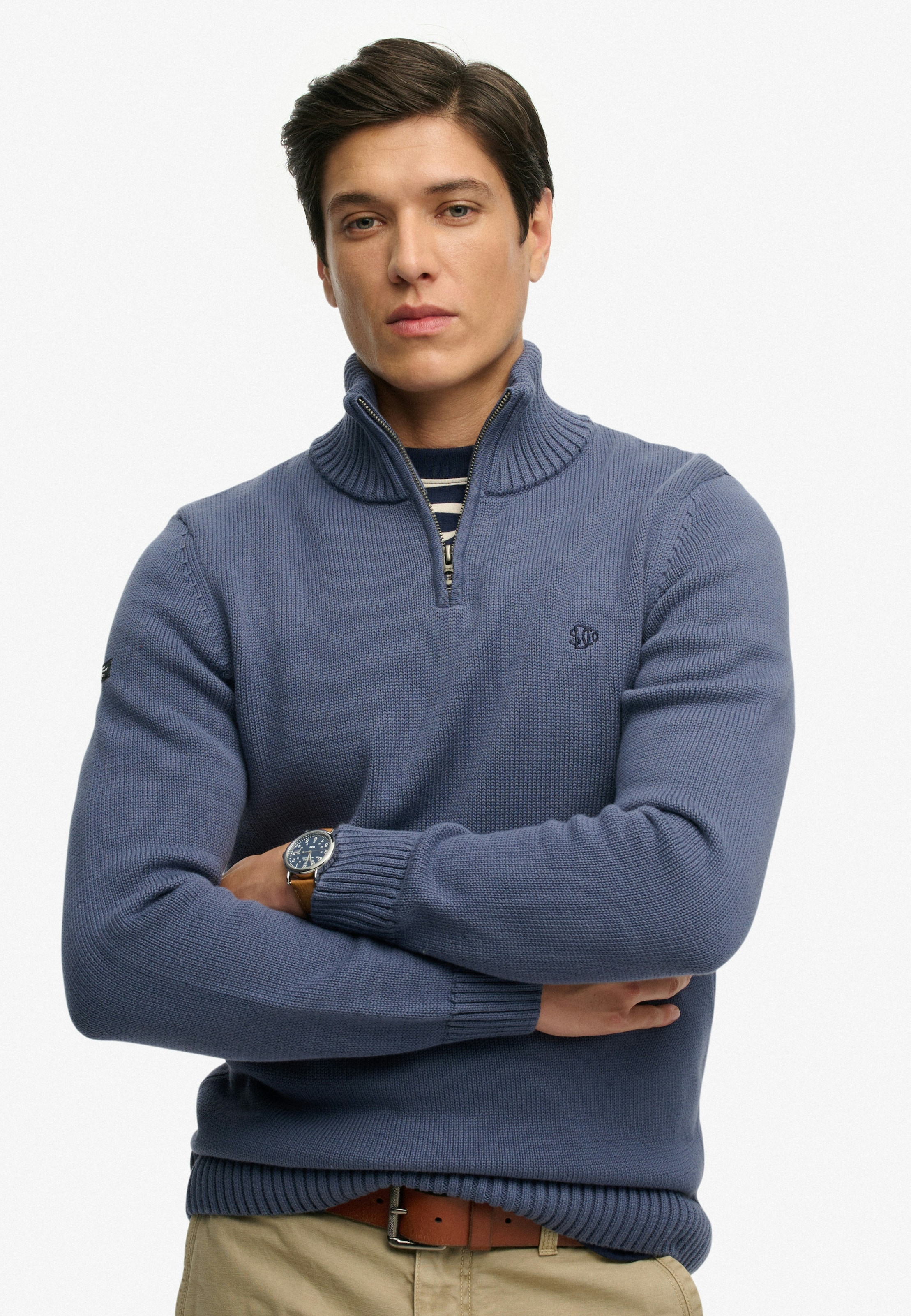 Superdry Pull en tricot »COTTON KNIT HENLEY« en coton, coupe slim, col montant, longueur hanches, facile d'entretien