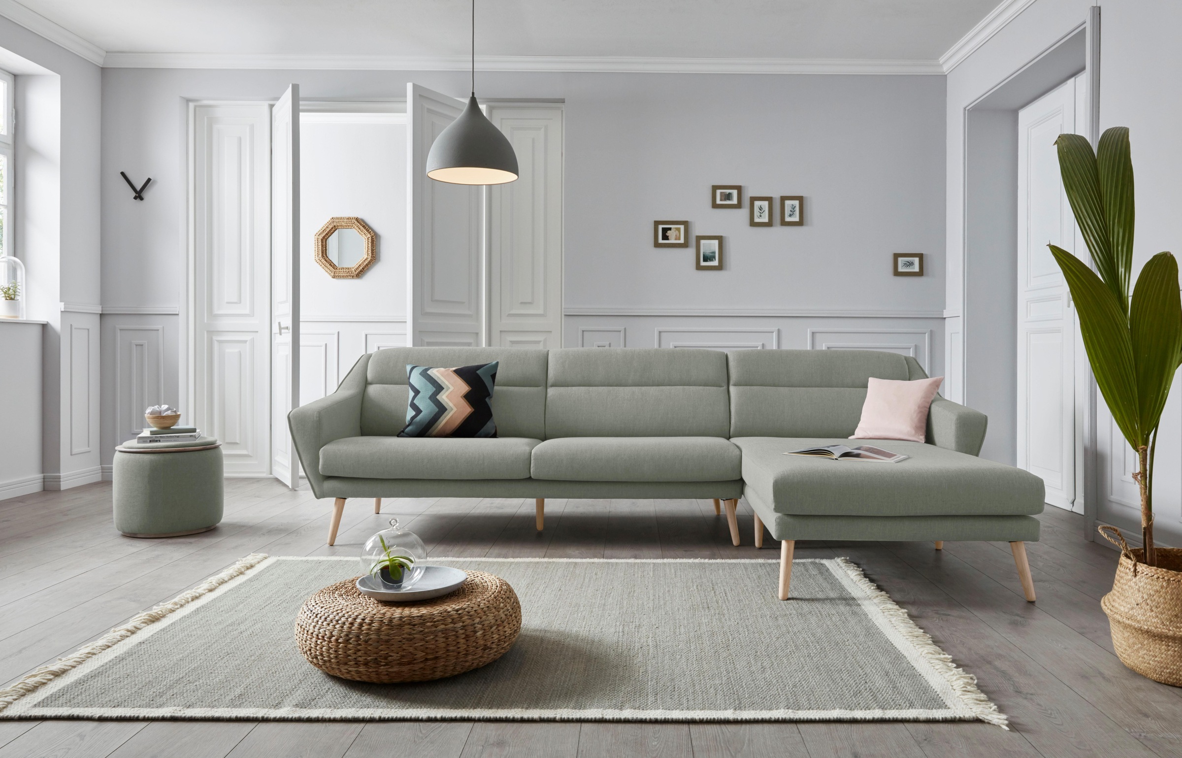 GOODproduct Ecksofa »Bille L-Form« mit Naht im Rückenkissen und Beinen aus Eichenholz