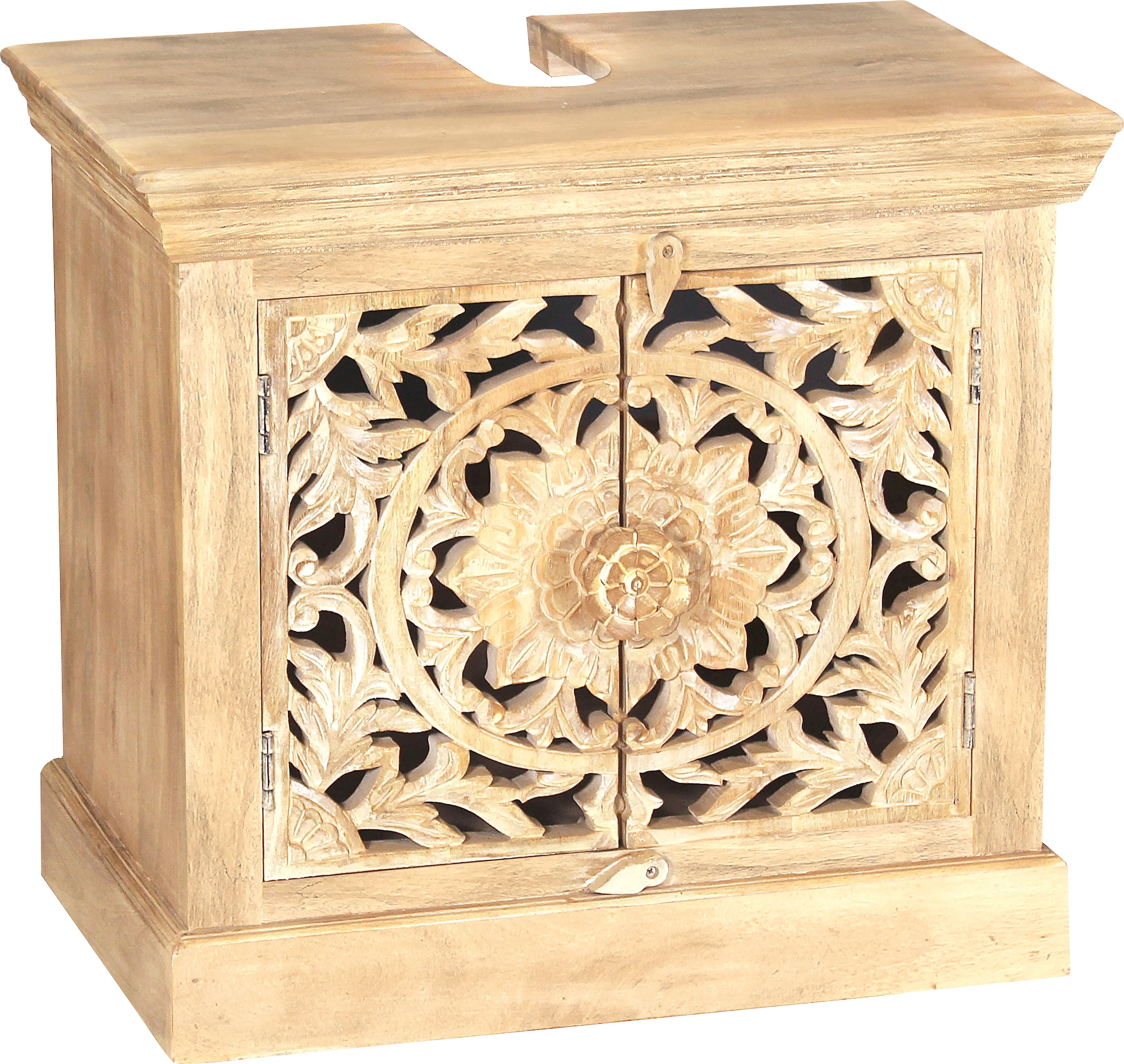 SIT Armoire basse »Gabès aus Mangoholz mit Schnitzereien & 2 Türen« Face décorative avec sculptures artisanales élaborées