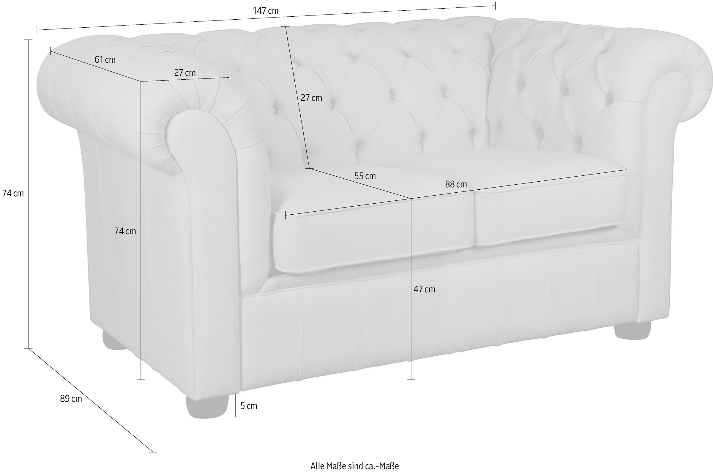 Home affaire 2-Sitzer »CHARENTE, Chesterfield-Sofa, Wellenfederung, Masse: B/T/H: 147/89/74 cm« mit edler Knopfheftung und typischen Armlehnen