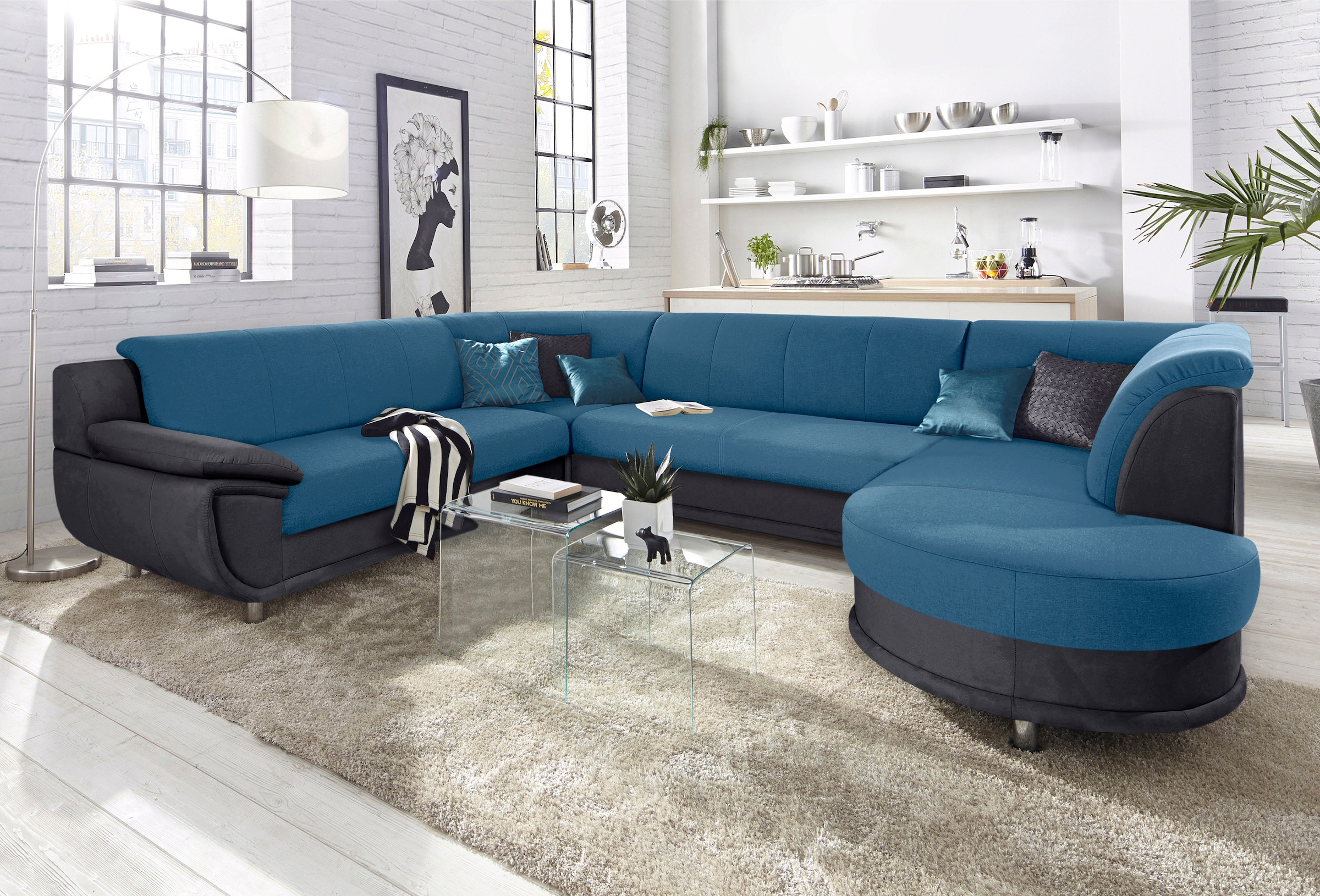 TRENDMANUFAKTUR Paysage de salon »Rondo III 320 cm, modern, im Materialmix, U-Form, Chromfüsse« au choix pour plus de confort avec ressorts ensachés, au choix avec fonction lit