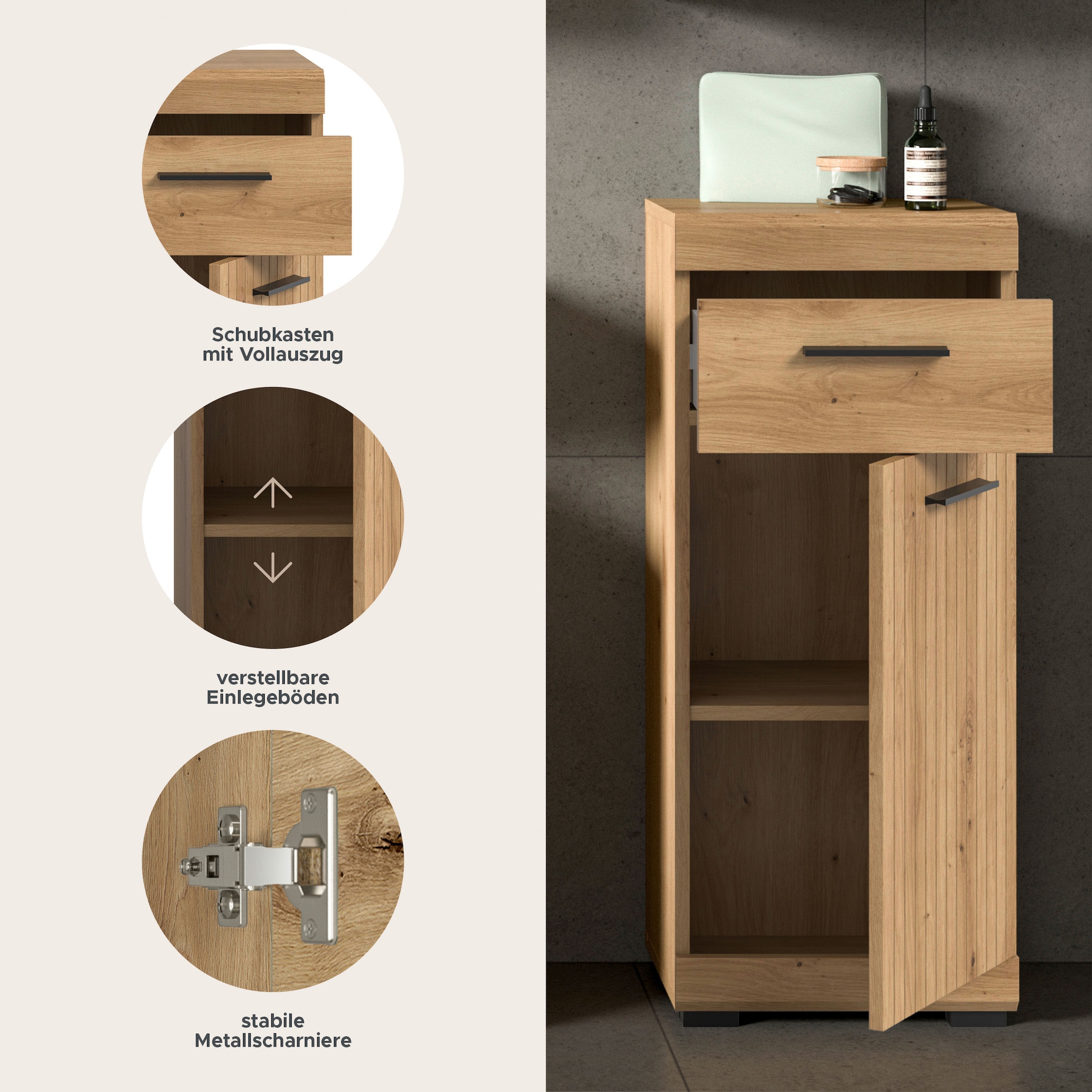 welltime Armoire basse »SIENA, Breite 37cm, 1 Tür, 1 Schubkasten, 2 Fächer, MDF-Front« BEST-SELLER !, 1 cuis tlg. disponible en plusieurs couleurs, meubles de salle de bain, armoire de salle de bain, commode, salle de bain