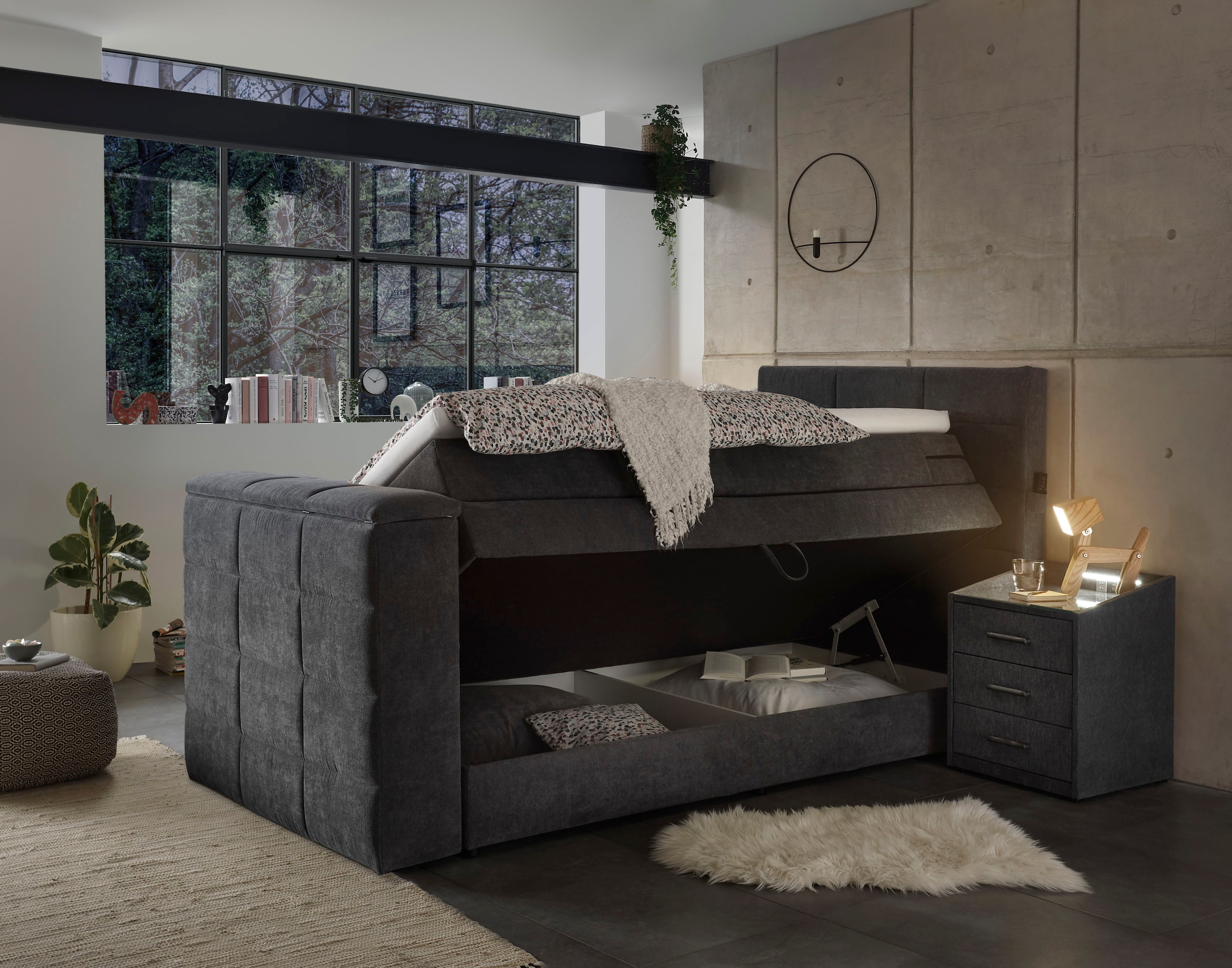 ED EXCITING DESIGN Lit boxspring »Denver« inkl. 1 bzw. 2 Bettkästen, motorisierte TV-Halterung bis 40 Zoll