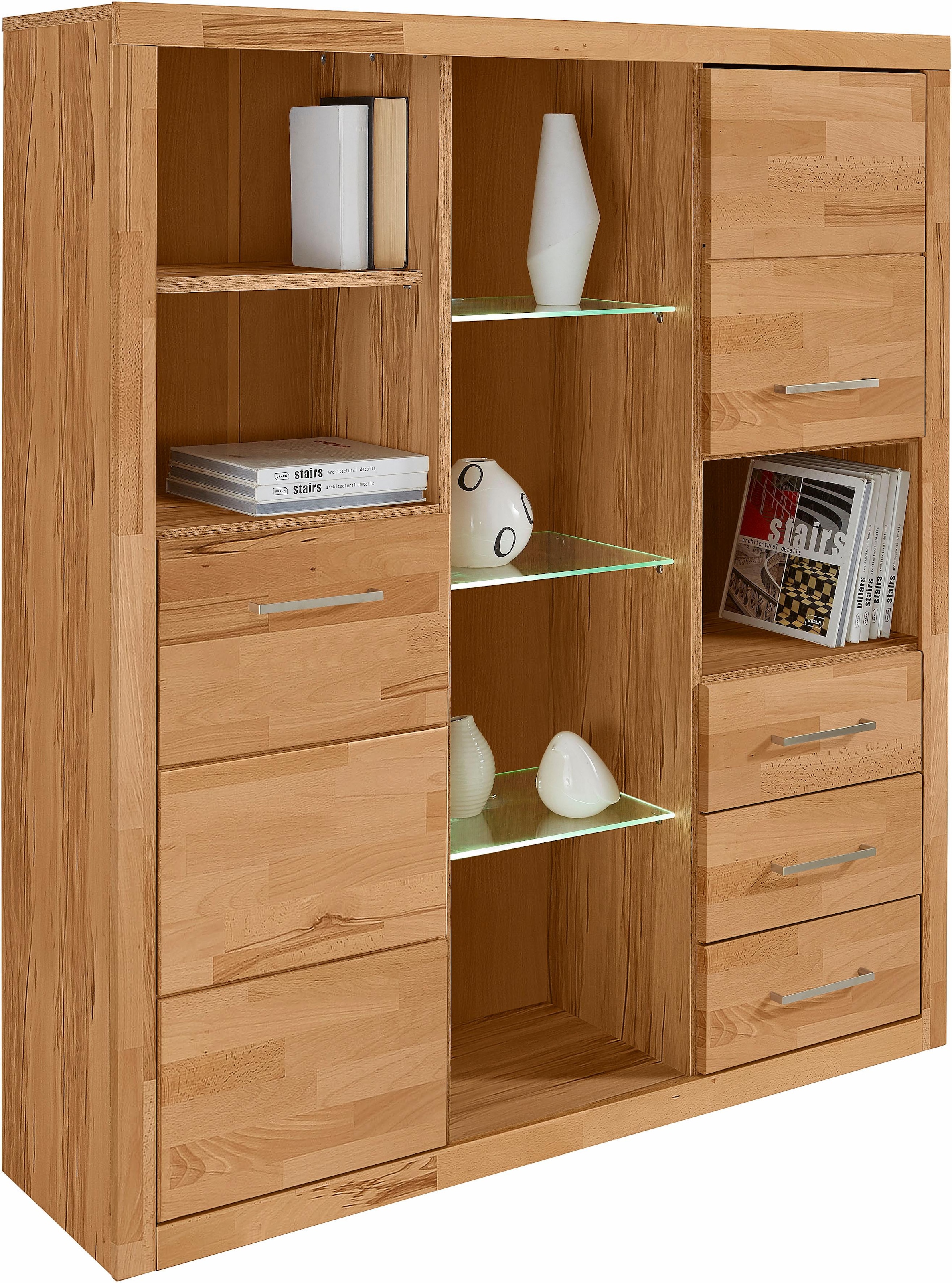 GOODproduct Highboard »Ribe,130cm breit145cm hoch,Fronten Massivholz,12 Fächer« Korpus  aus Holzwerkstoff, Metall Griffe,Böden versetzbar
