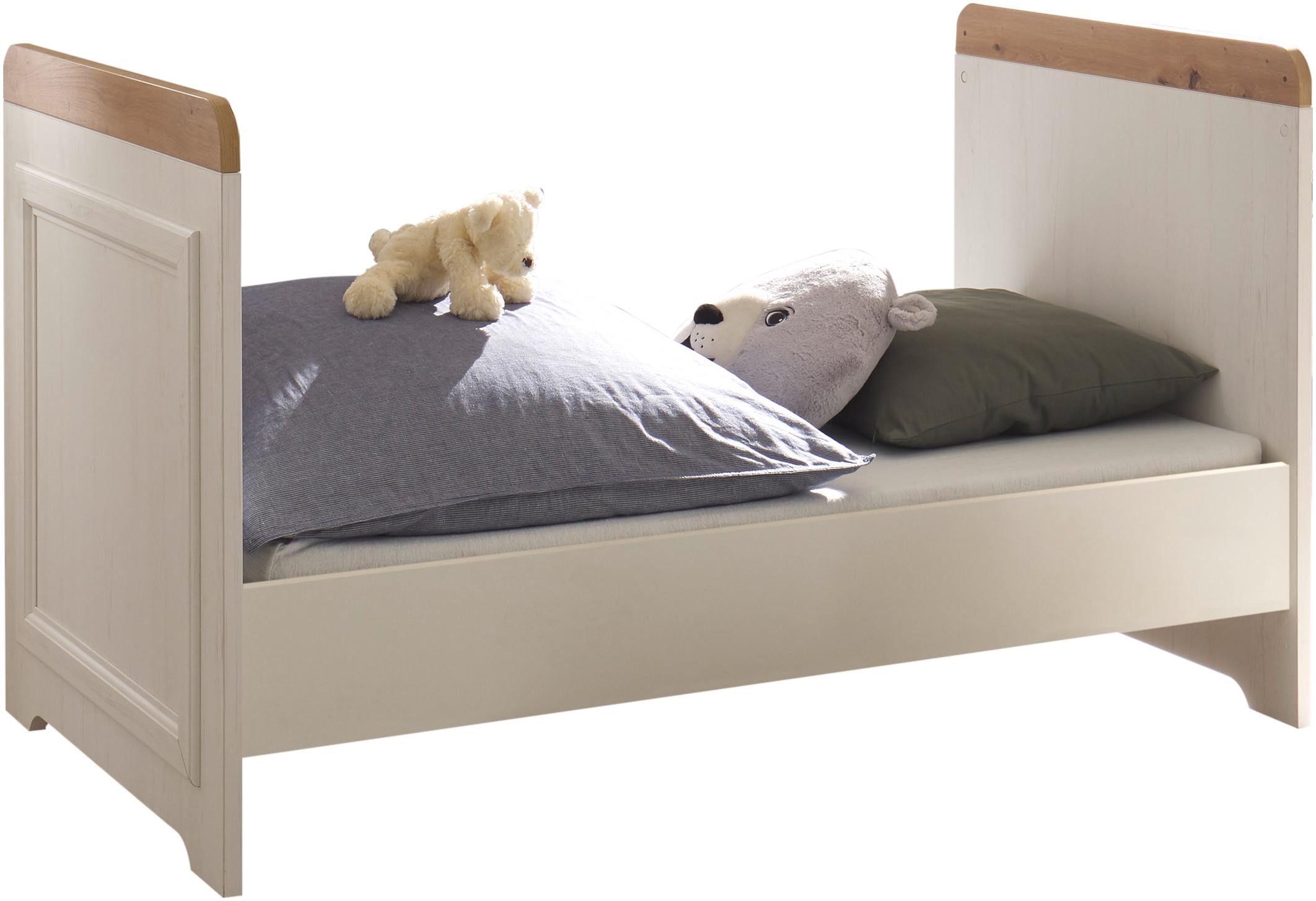 Begabino Lit bébé »Jasmin passend zum Babyzimmer« 70x140 cm inclu cadre à lattes, style maison de campagne avec 3 barreaux coulissants