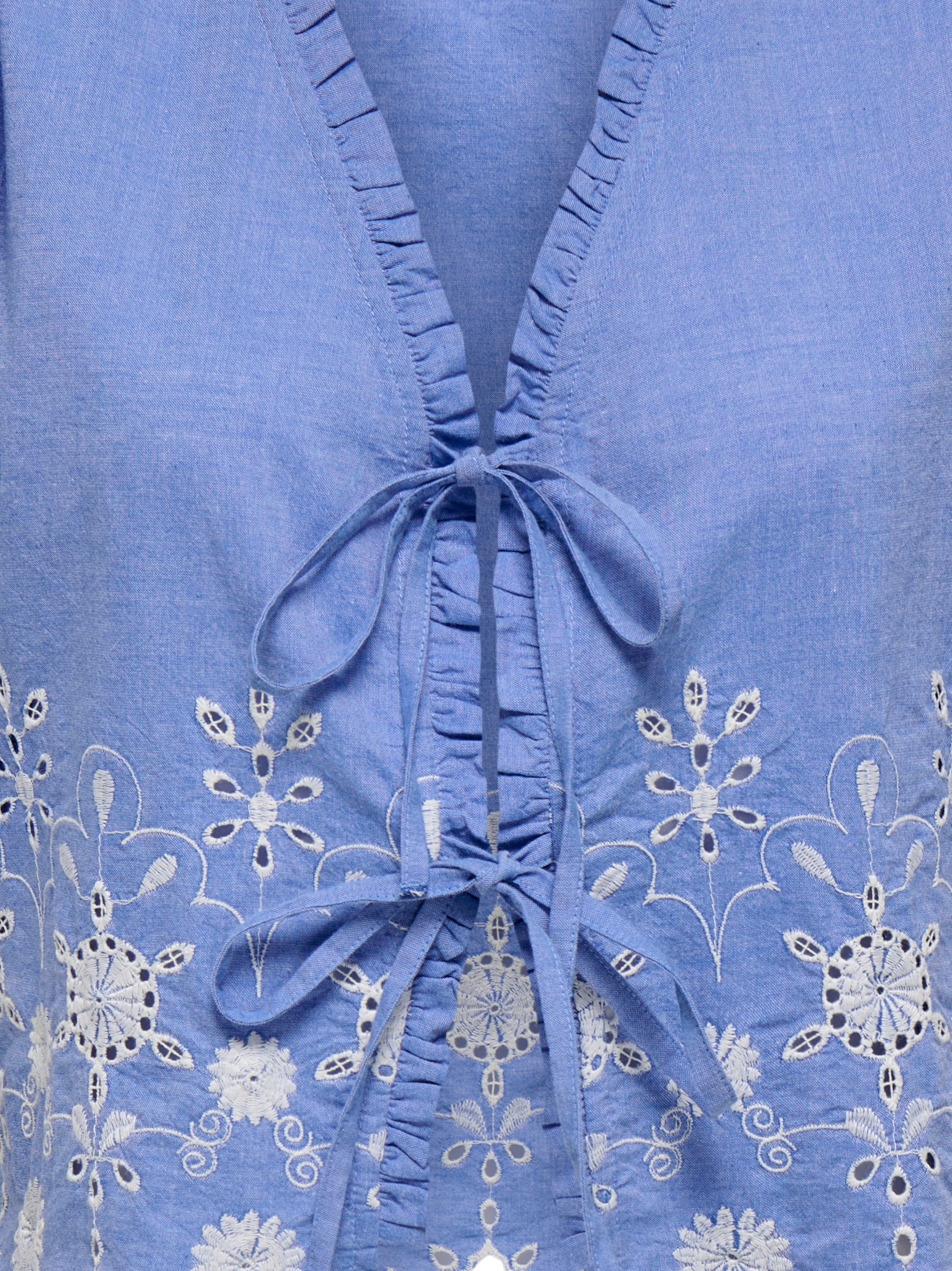 ONLY Blouse à manches courtes »ONLMIFFY S/S EMB TIE TOP NOOS WVN« coton, coupe régulière, col en V