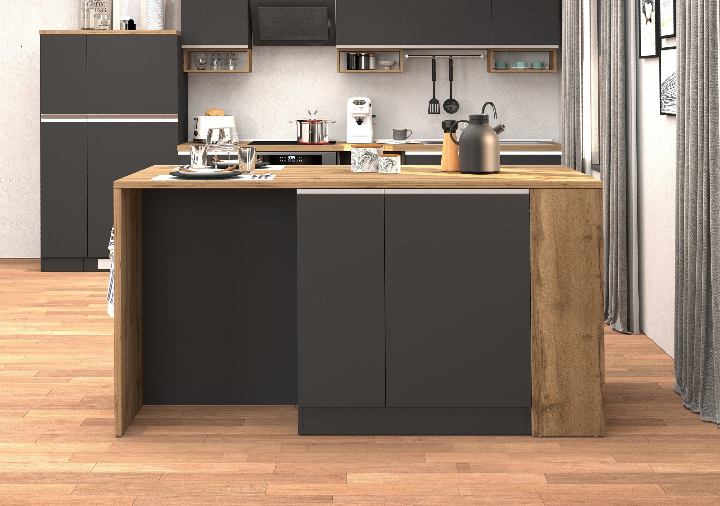 KOCHSTATION Ilot de cuisine »KS-Sole, Kochinsel, Küchenarbeitsblock, Arbeitsinsel, Made in Italy« Breite 167,5 cm, 2 Apothekerauszüge, 2 Essplätze, 1 offenes Regal