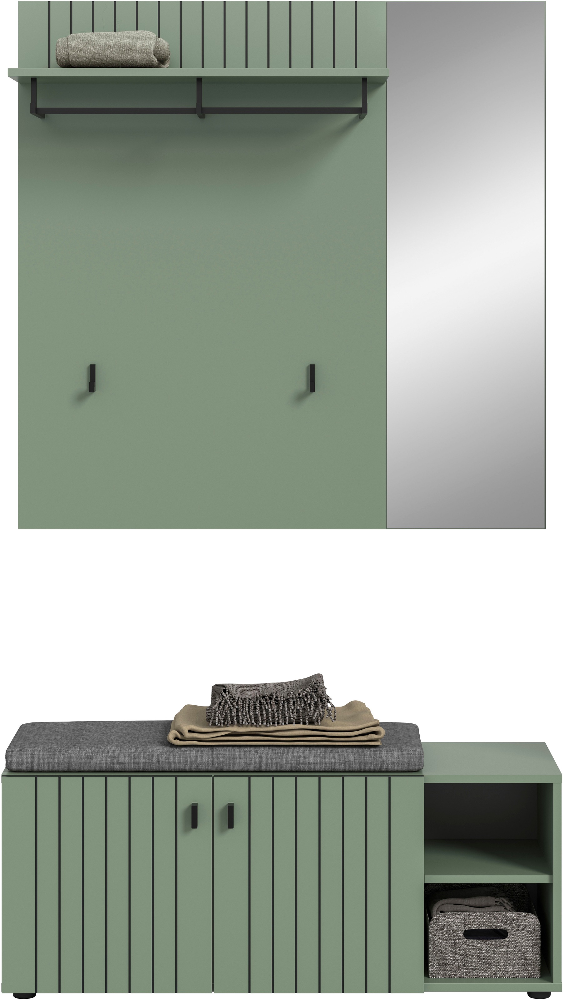 Home affaire Ensemble de vestiaires »TATIO, 3-tlg. Garderobenkombination, Breite: 106 cm, Rillenfräsung« Set, Set, best. aus: 1Paneel, 1 Garderobensitzbank inkl. Kissen, 3 cuis tlg.