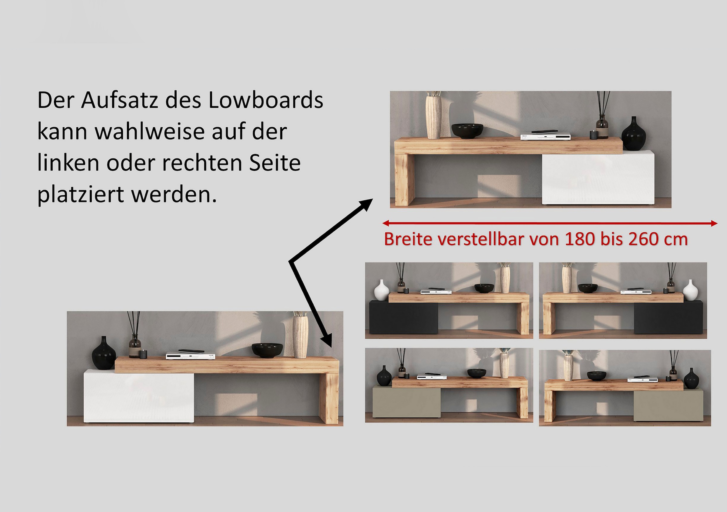GOODproduct Table basse »Chronos TV-Board, TV-Schrank« Breite verstellbar von 180 bis 260 cm, 1 cuis tlg. Breite 220 cm TV-Board,Lowboard,1 Klappe und ein L-Förmiger Aufsatz