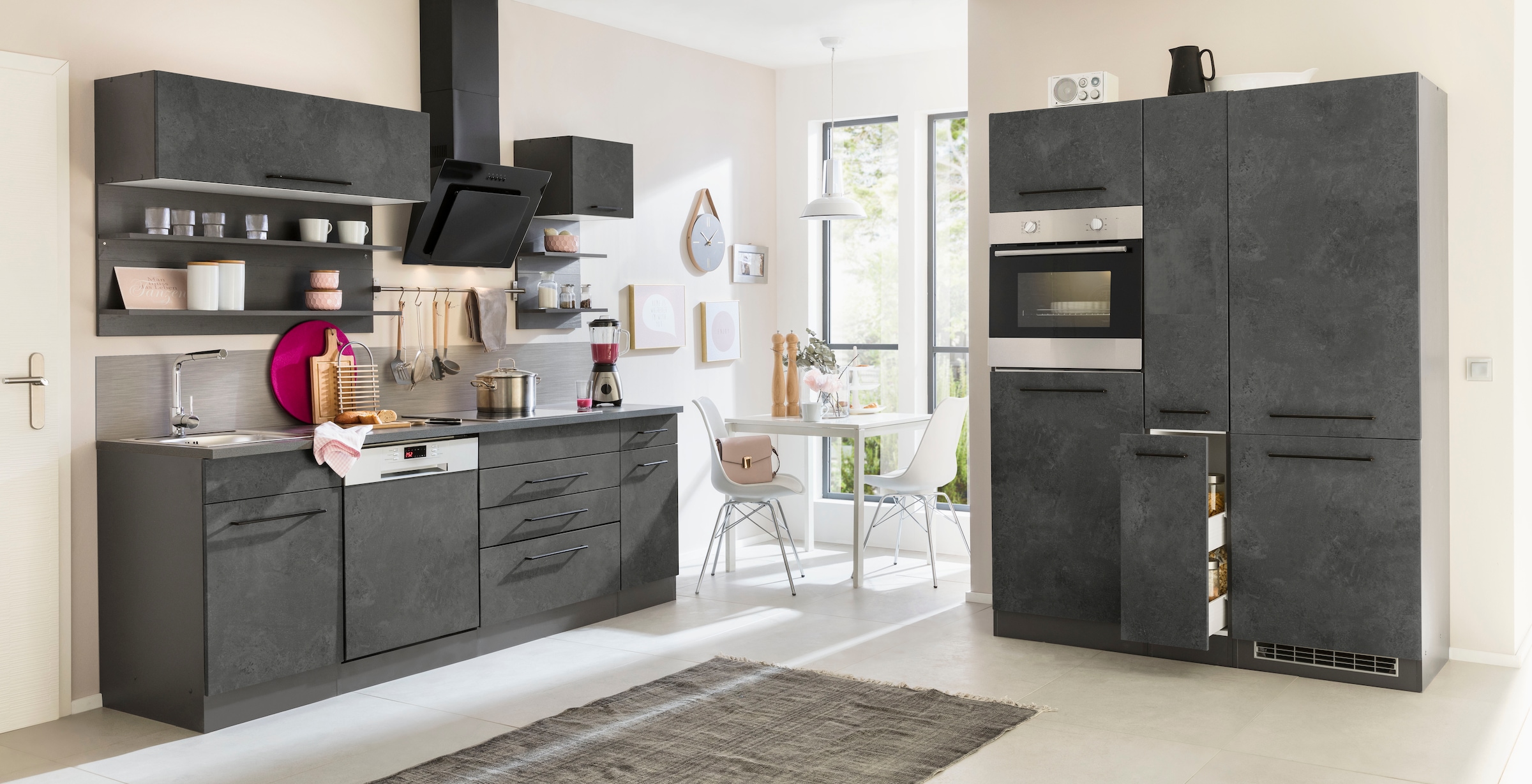 KOCHSTATION Küchenzeile »KS-Tulsa« ohne E-Geräte, Breite 380 cm, schwarze Metallgriffe, MDF Fronten