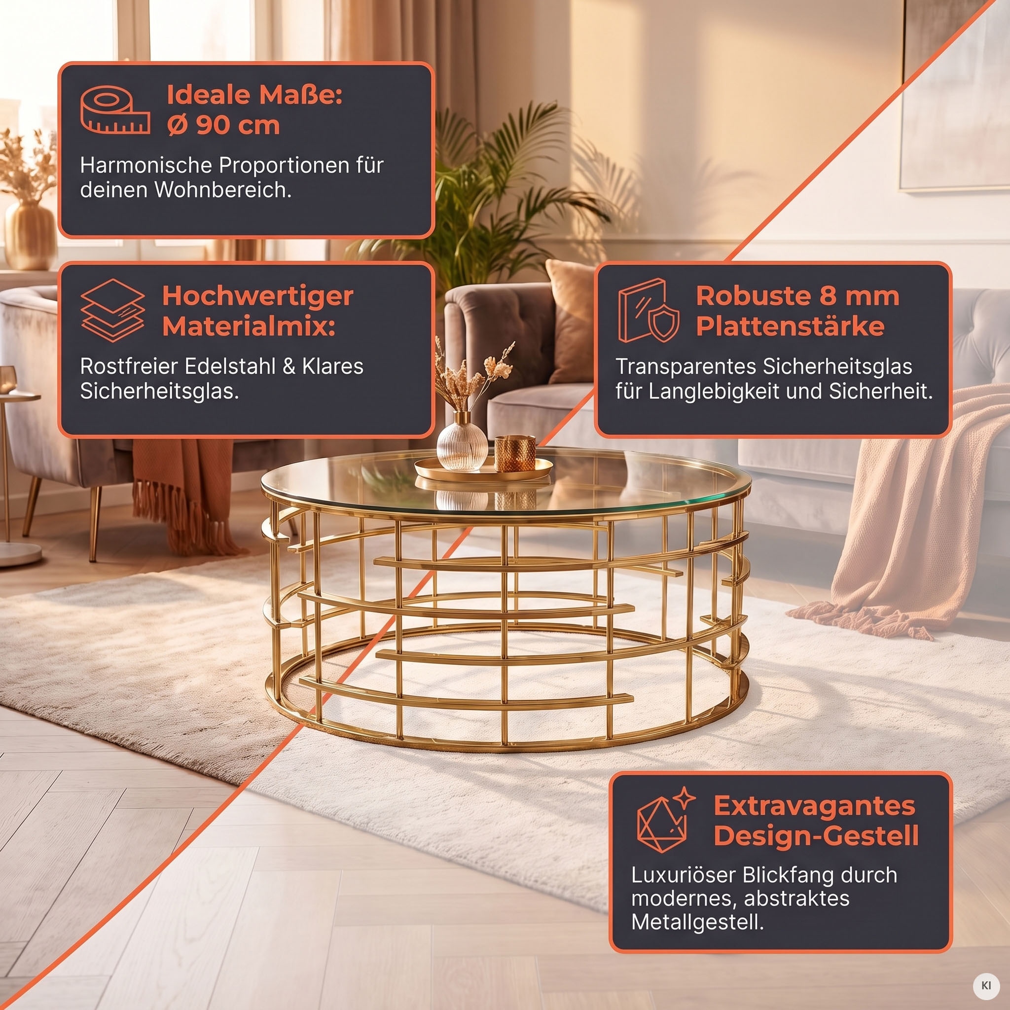 SalesFever Table basse »Glastisch: Stil und Funktionalität Wohnzimmertisch« structure en acier inoxydable