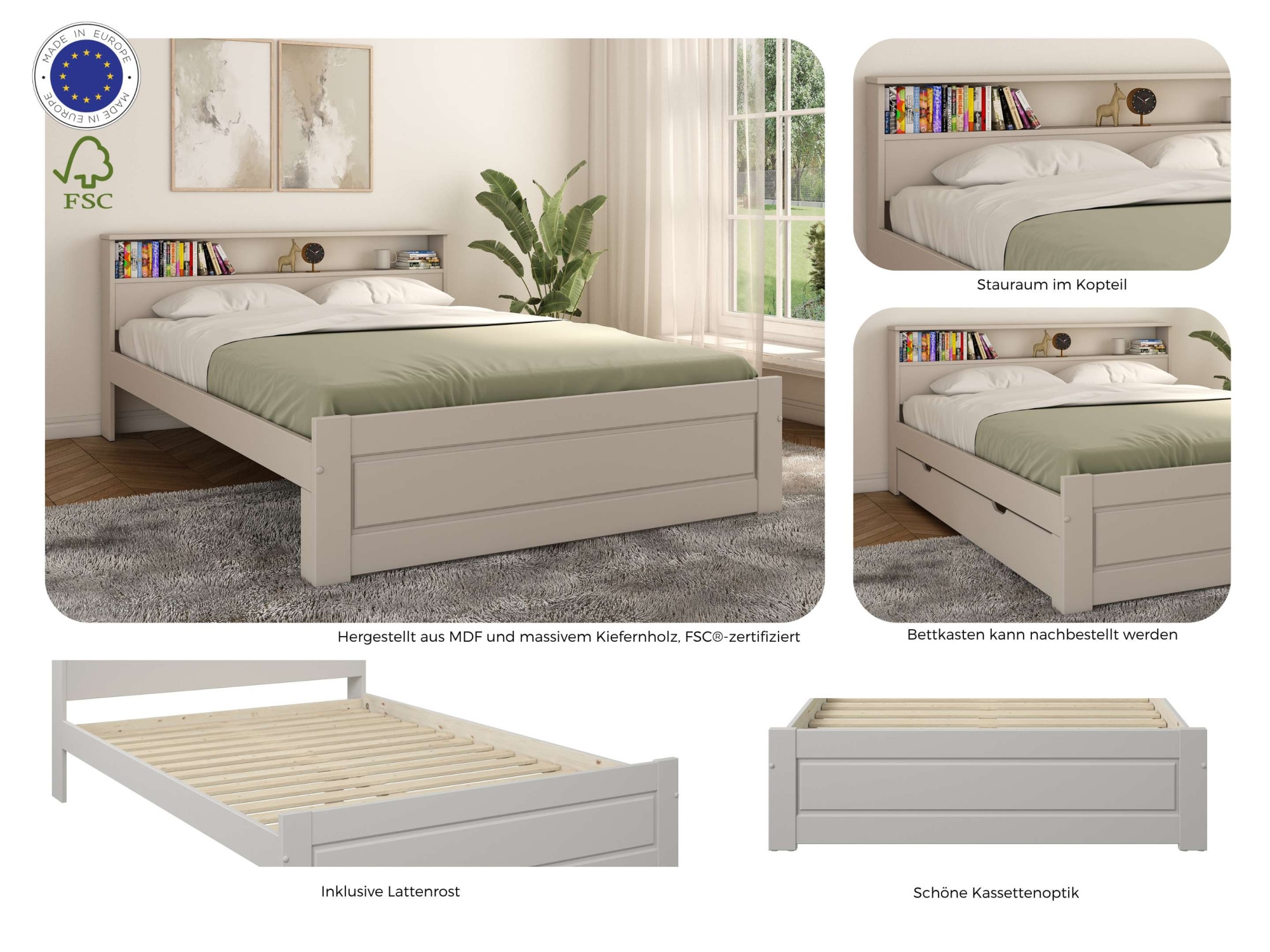 GOODproduct Massivholzbett »FLAVION,  Jugendbett, Stauraum, FSC® zertifizierte Kiefer« Breite: 90, 140, 180,  Qualitätsprodukt, Regal, Kassettenoptik, Schublade optional