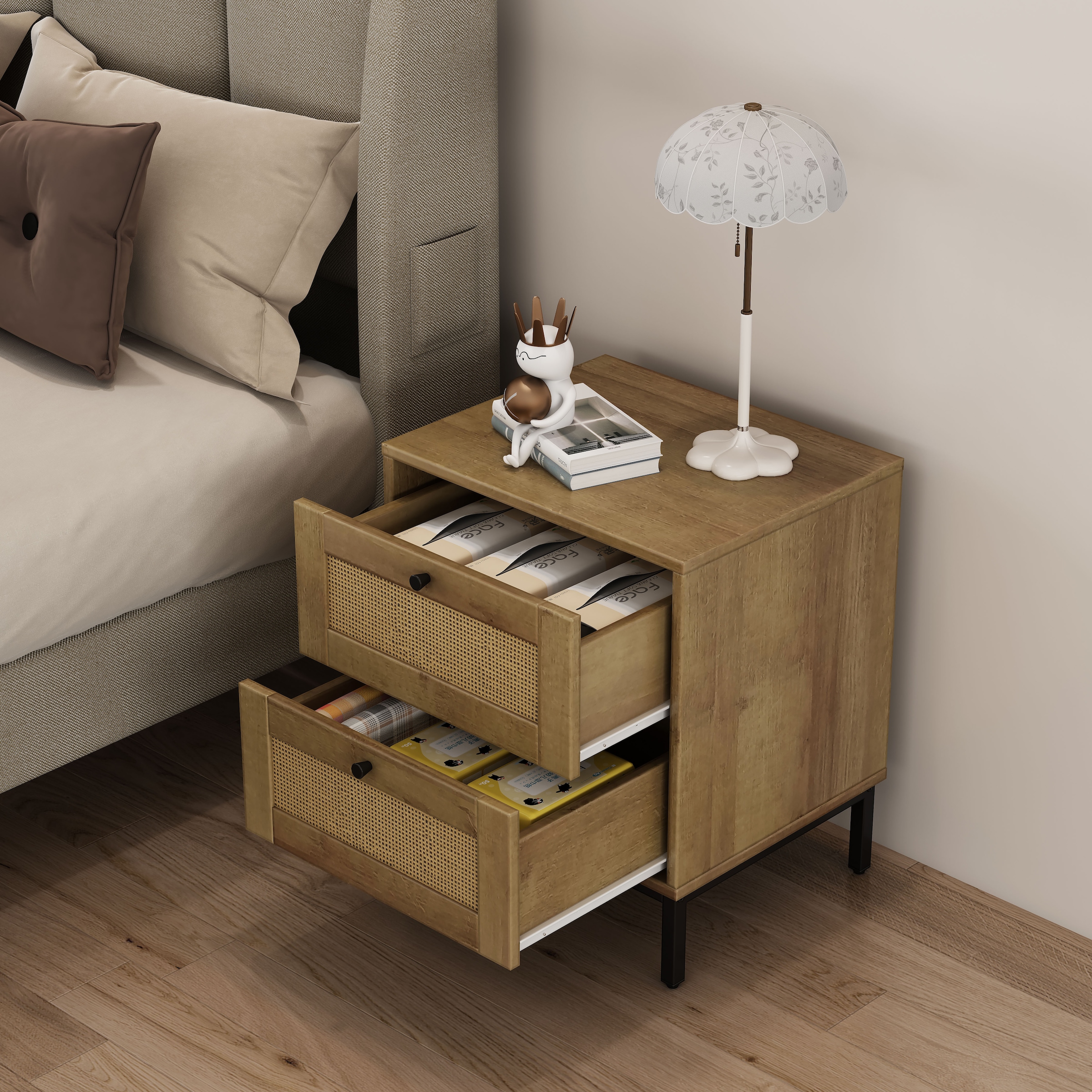 GOODproduct Nachtkommode »Motala Schlafzimmerschrank Garderobe Boho Eichen-Design« Set, 2 Schränke im Set - Eichen-Design mit schwarzen Griffen,  Nachttisch Set mit je 2 Schubladen mit wiener Geflecht optik