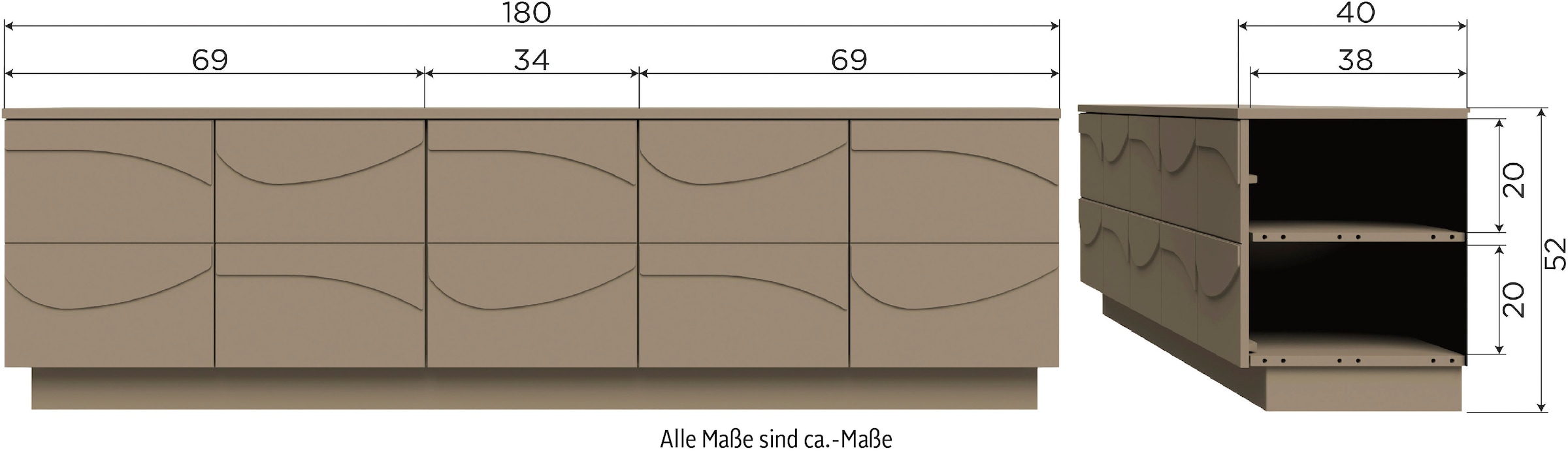 WOOOD Lowboard »Teo FSC® Mix Kiefernholz mit organischem 3D-Linienspiel 180x40x52 cm« Tragkraft Deckplatte 50 kg, Kabelöffnung, einfach zu montierbar